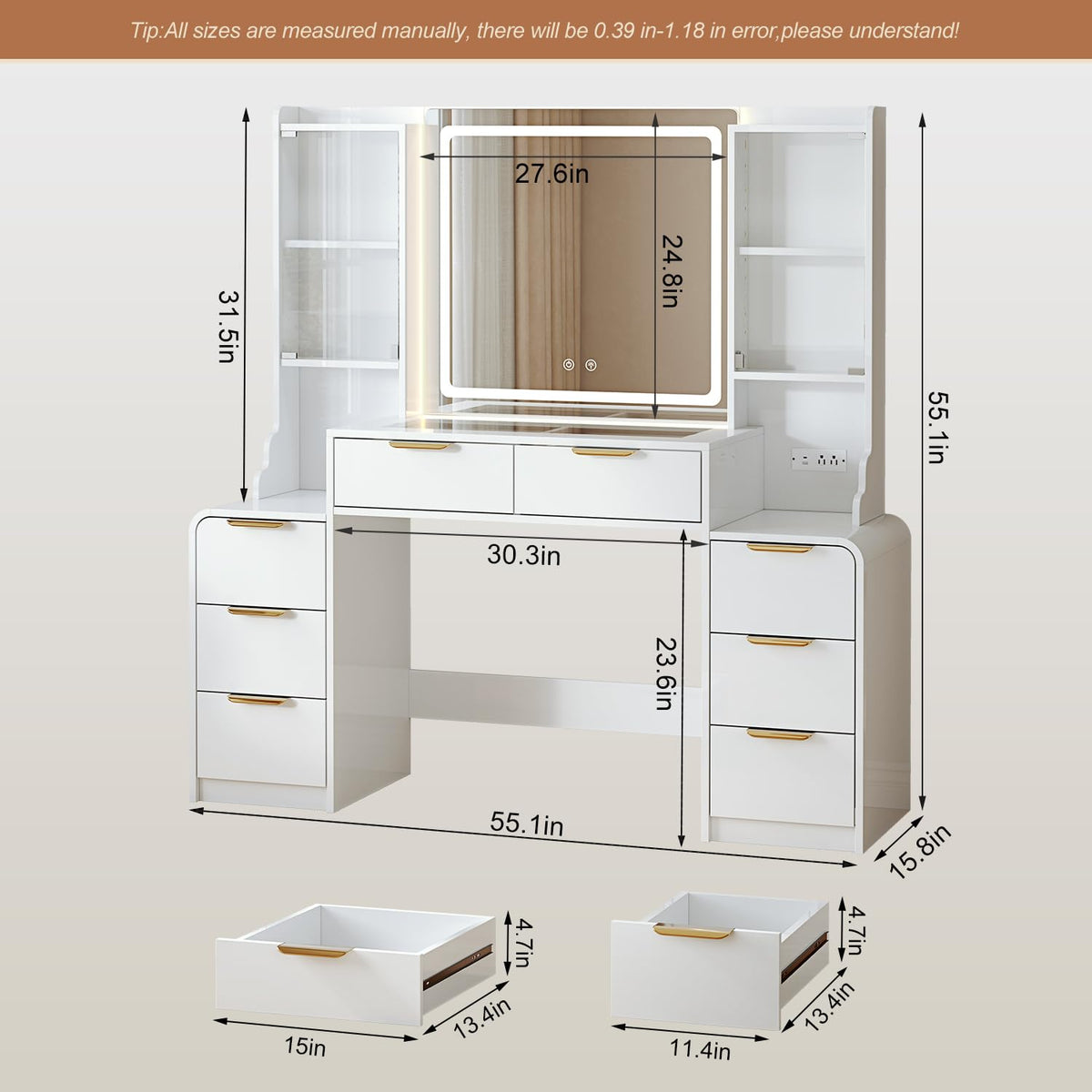 LED Makeup Vanity with 8 Drawers