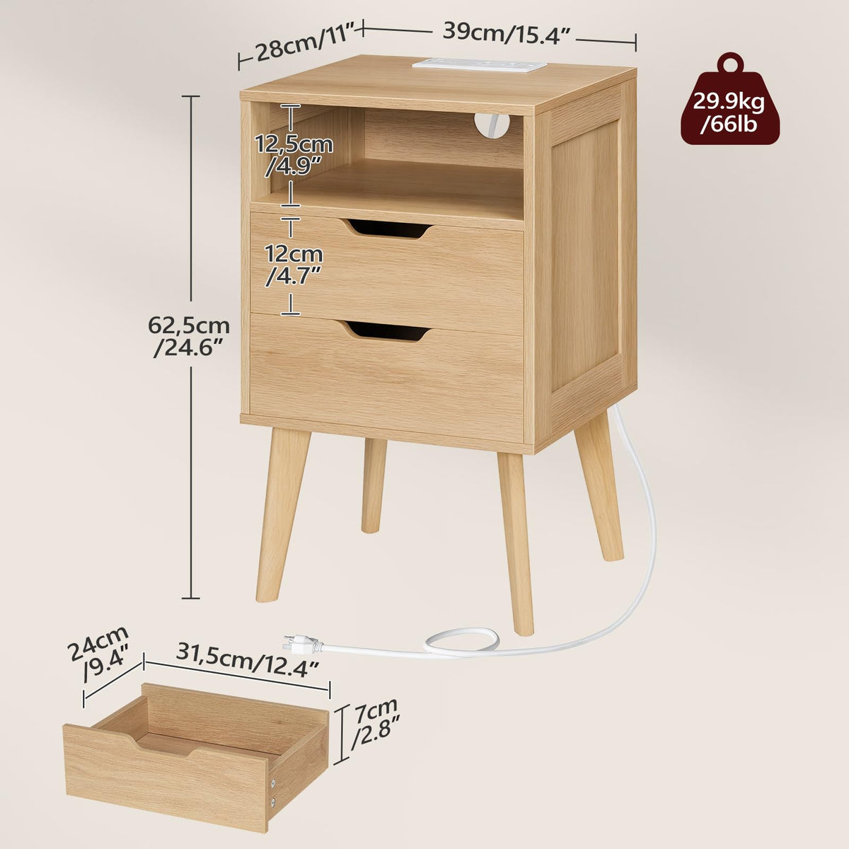 MAHANCRIS Nightstand with Charging Station and 2 Drawers, Bedside Table