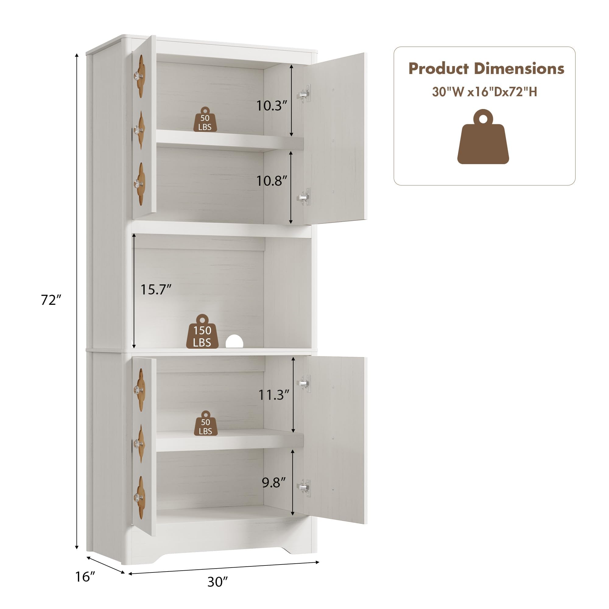 IDEALHOUSE Mid Century Modern Kitchen Pantry Cabinet, 72" Tall Storage Cabinet with Microwave Shelf, Wooden Freestand Cupboard with Carved Flower Door & Crystal Handle, for Dining Room