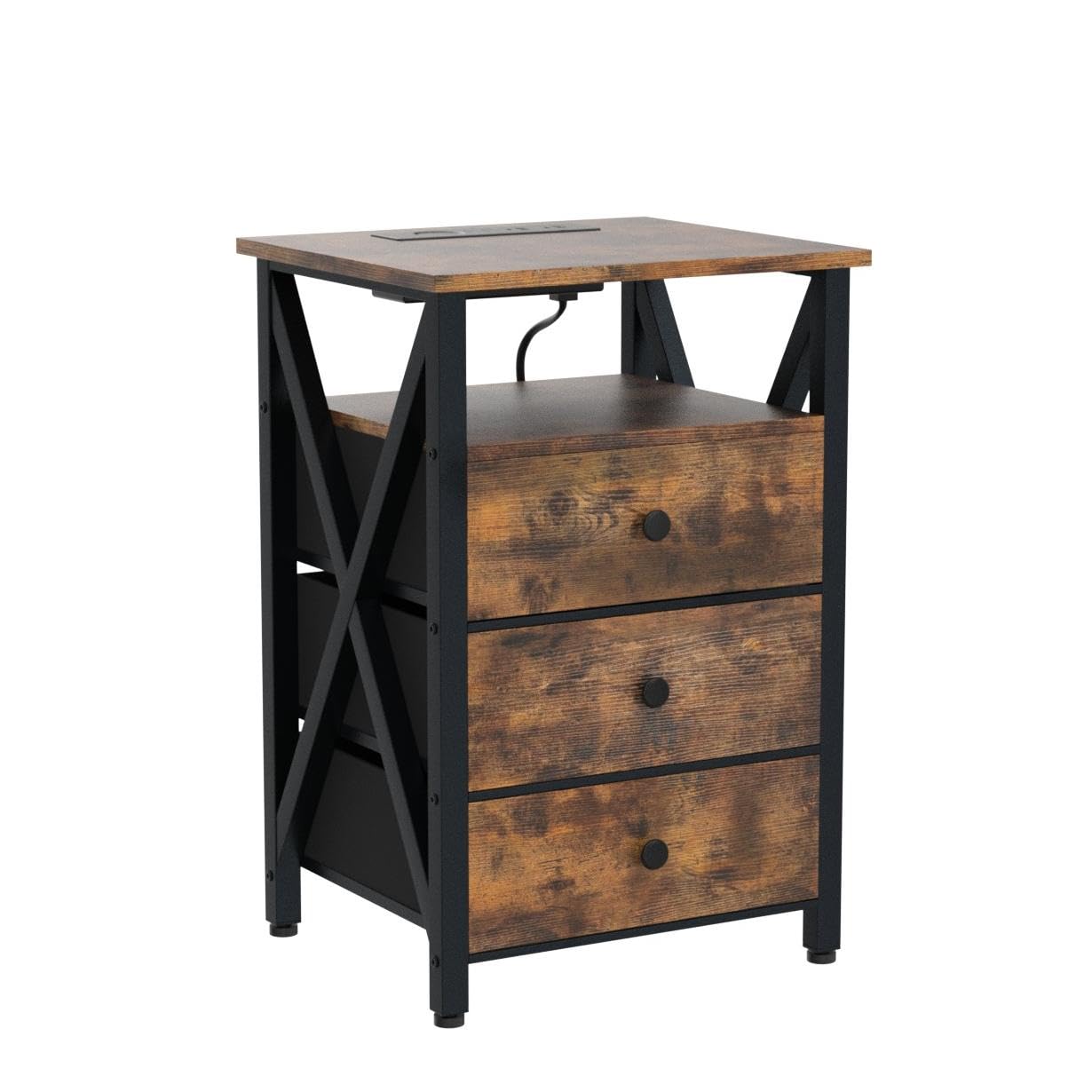AMHANCIBLE Night Stand Set 2, LED Nightstand with Charging Station, End Side Tables with USB Port & Outlet, Bedside Tables with 3 Fabric Drawers for Bedroom, Rustic Brown HET053LBR