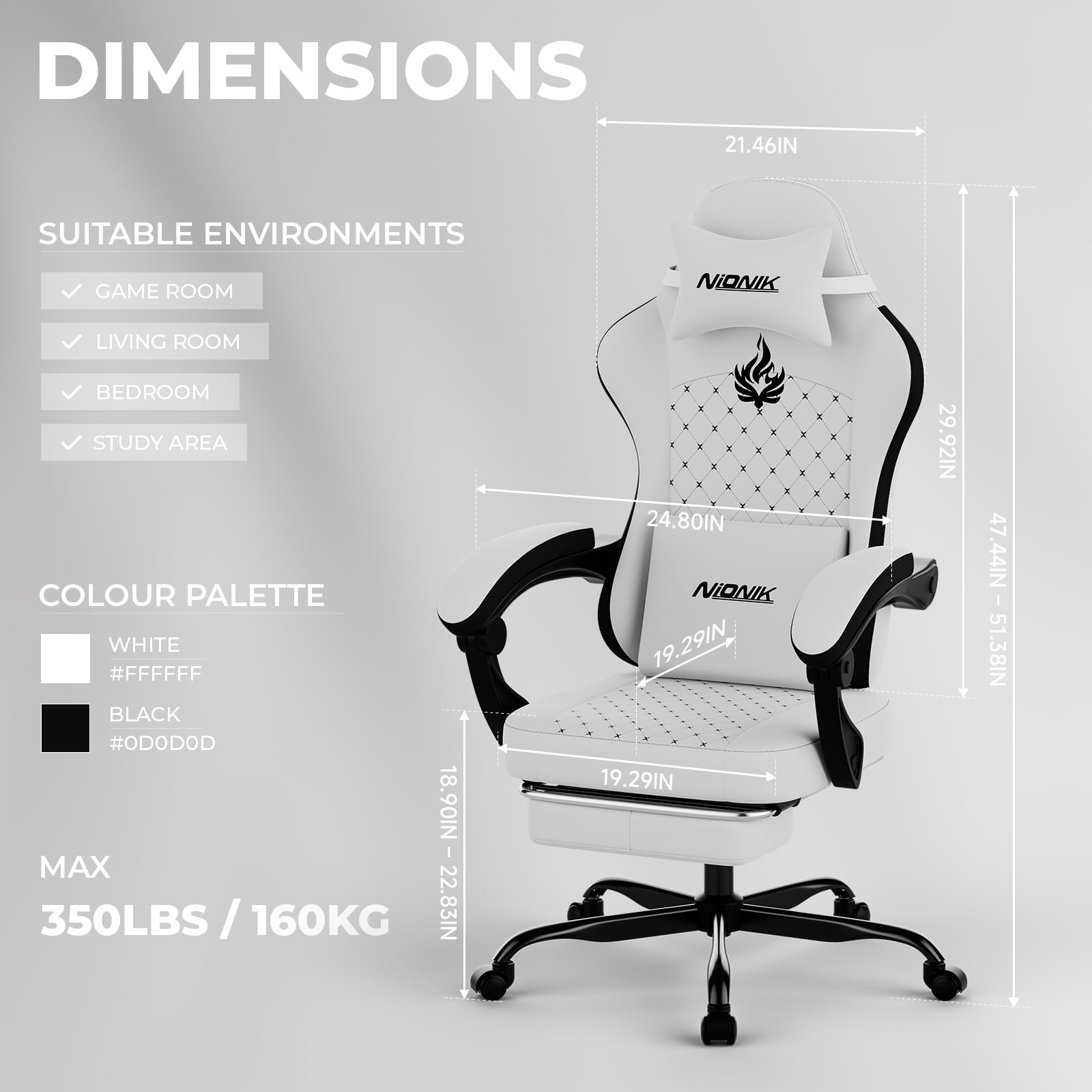NIONIK Gaming Chair with Massage,Ergonomic PC Gaming Chair Computer Chairs with Footrest Comfortable Headrest and Lumbar Support, High Back WHITEBLACK