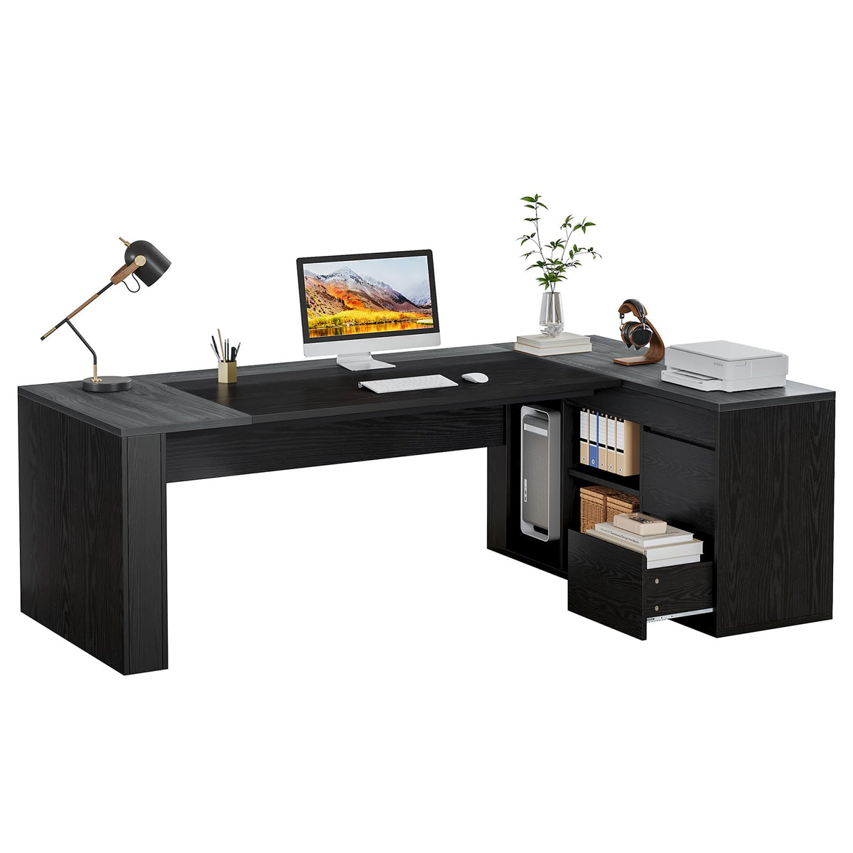 Tribesigns 78" L Shaped Executive Desk with Drawers, Large Office Computer Desk with Cabinet and Storage Shelves, Modern Business Furniture Sets Workstation for Home Office(Gray&Black)