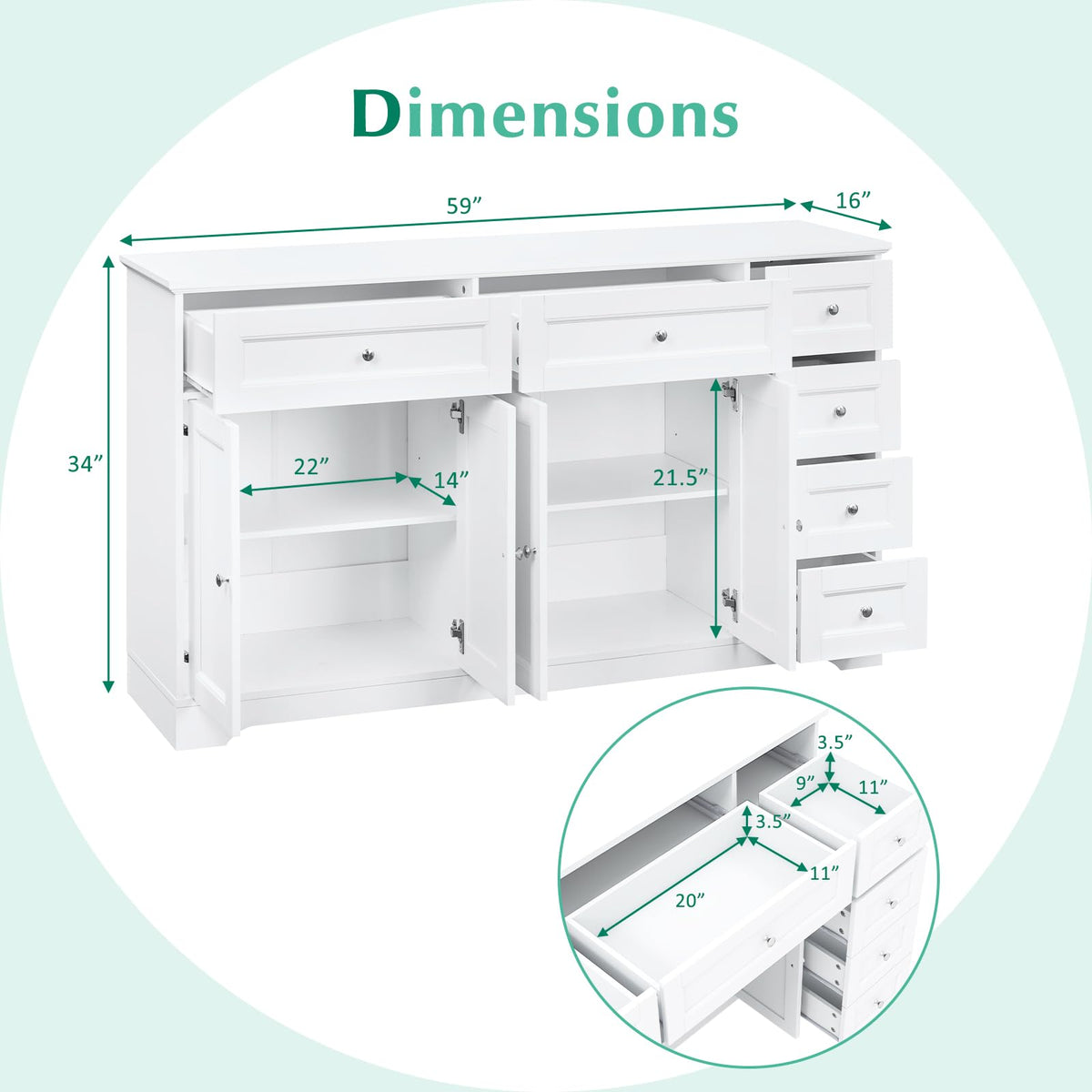 White Buffet Sideboard with 6 Drawers
