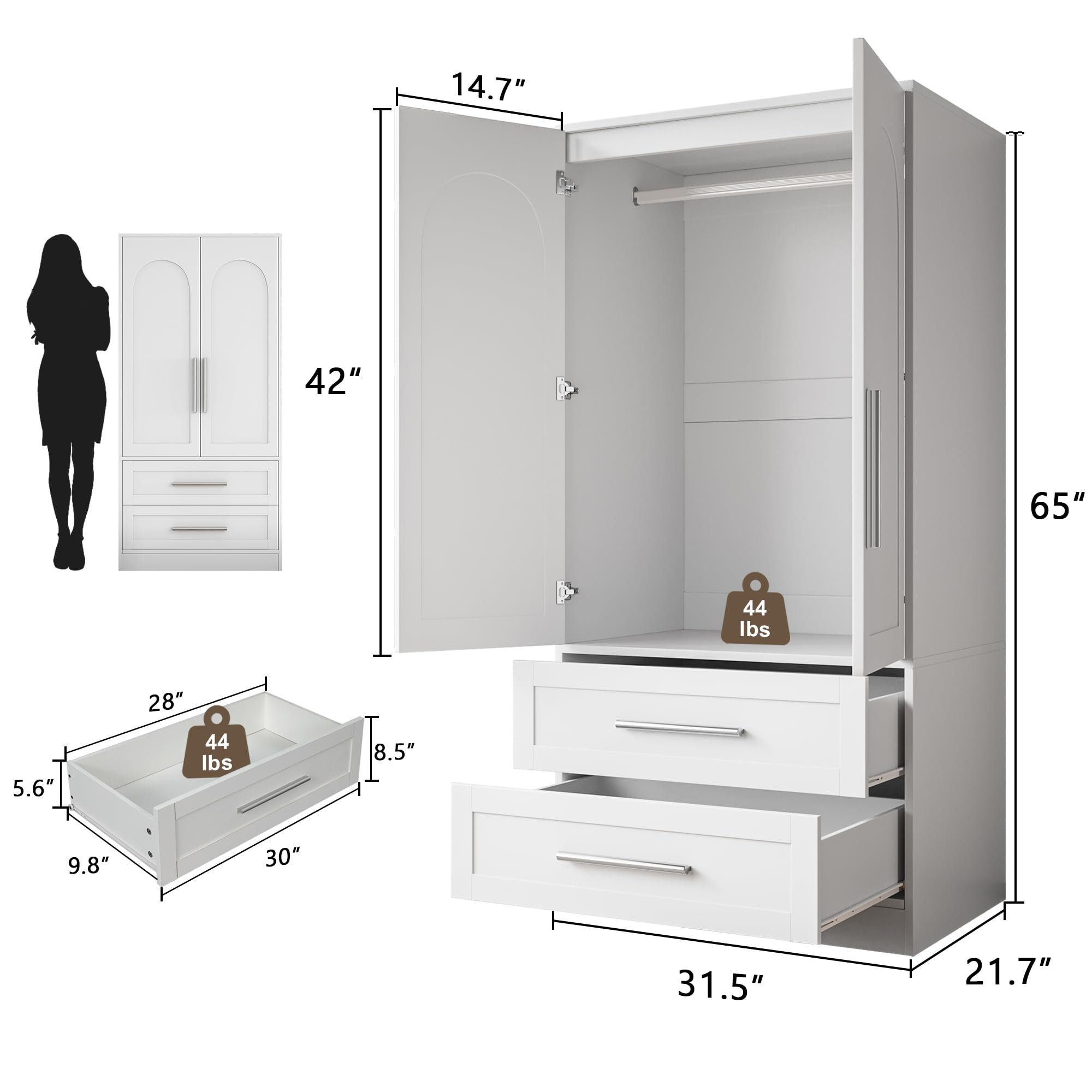 Einhomn Wooden Armoire Wardrobe Closet with 2 Doors and 2 Drawers,Bedroom Freestanding Armoire Storage Cabinet with Shelves,Tall Clothing Storage Cabinet for Bedroom,White
