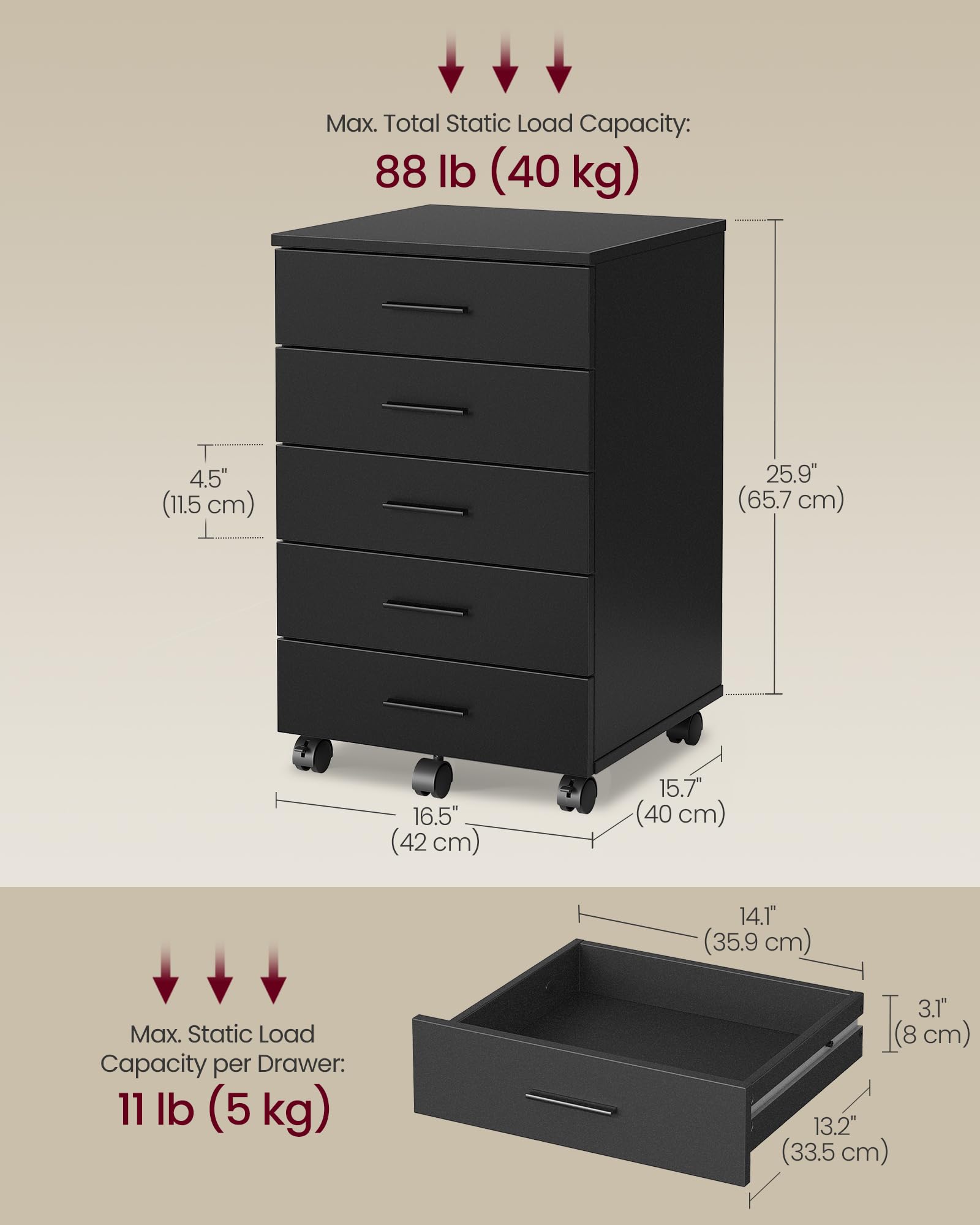 VASAGLE Custos Collection - File Cabinet, Mobile Pedestal Filing Cabinet with Wheels, Printer Stand with 5 Drawers, Tool-Free Sliding Rails, for Study, Home Office, Ink Black UOFC081BC01S