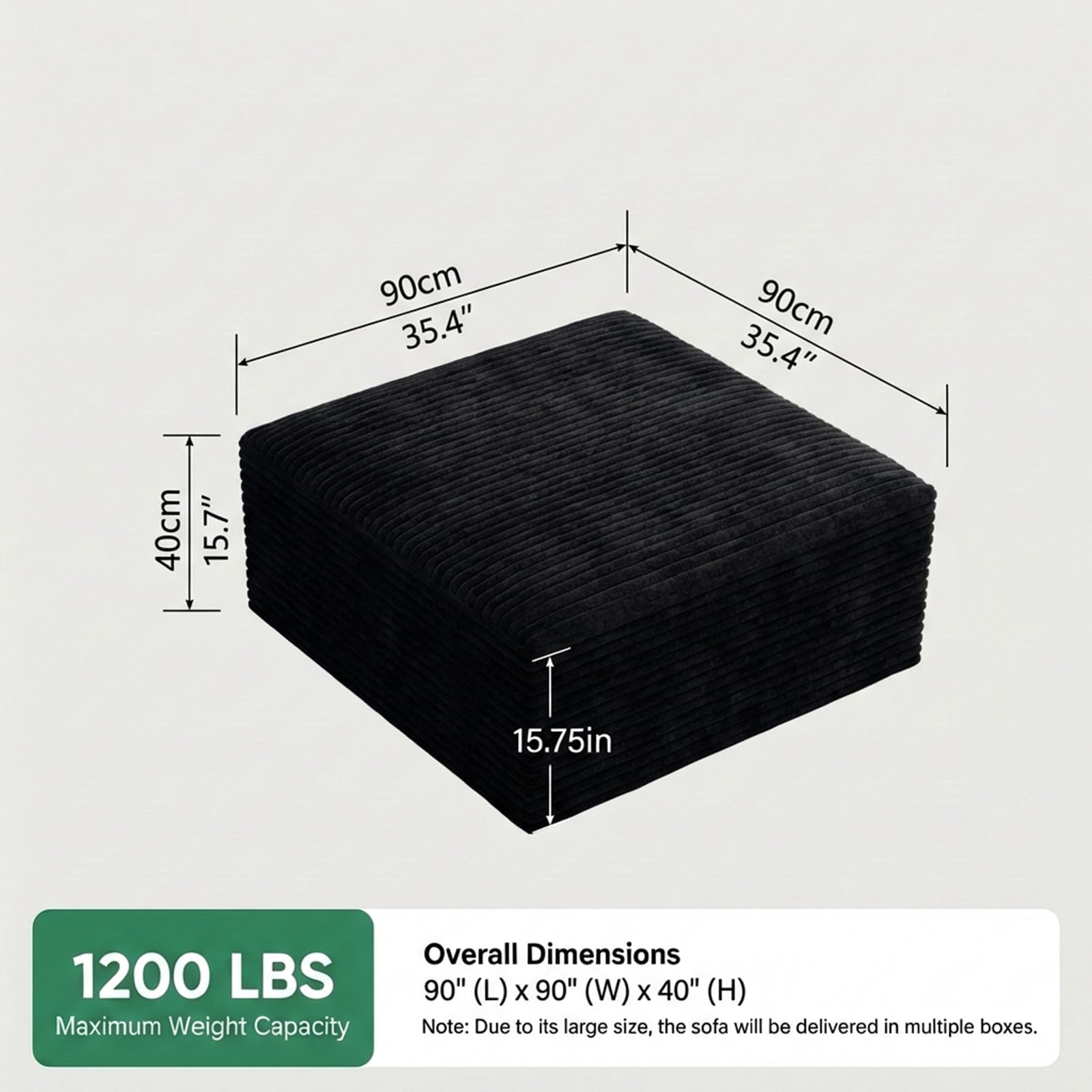 NMXUXMN Oversized Boneless Ottoman for Living Room – Plush Square Corduroy Upholstered Couch Ottoman, Modern Low-Profile Footrest for Sectional & Modular Sofa-Black
