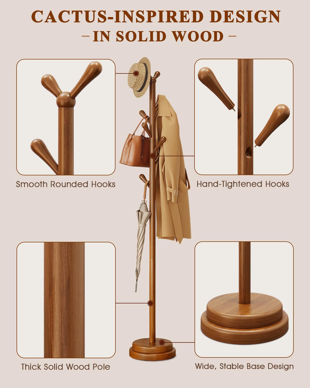 Freestanding Coat Rack with 8 Hooks, Adjustable Height