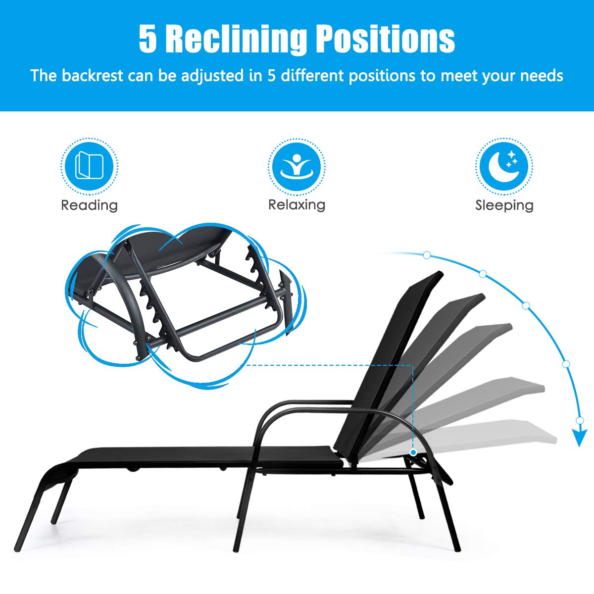 Giantex 2 Pcs Chaise Lounge Chair, Adjustable Reclining Lounge Chairs Patio Furniture, Backyard Lawn Sling Chaise w/Adjustable Back, Folding Recliners for Outdoor Beach Yard Pool (Black)