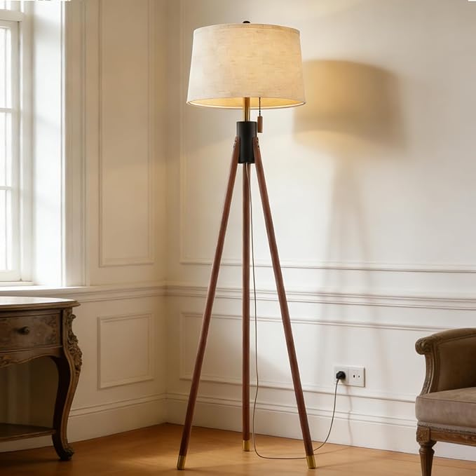 Mid-Century Tripod Floor Lamp with Linen Shade & Pull Chain