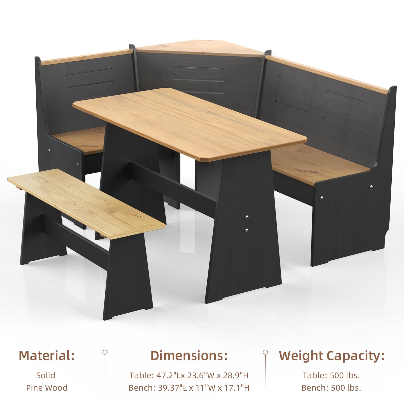 Gracava Breakfast Nook Table Set - L Shaped Corner Solid Wood Kitchen Dining Table with Bench Space Saving Seats 4-6 for Apartment 丨 Black