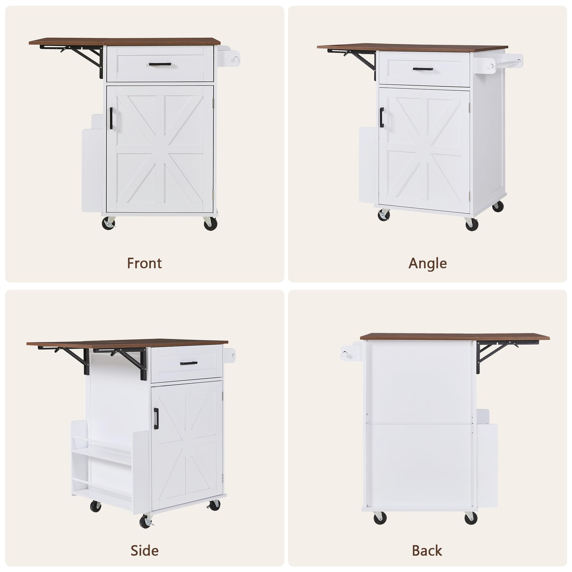 Seeheool K&K 39.3" Farmhouse Kitchen Island with Drop Leaf, Kitchen Storage Island with Open Side Rack, One Drawer, Towel Rack, Rolling Kitchen Cart with Lockable Wheels for Lawn Garden, White