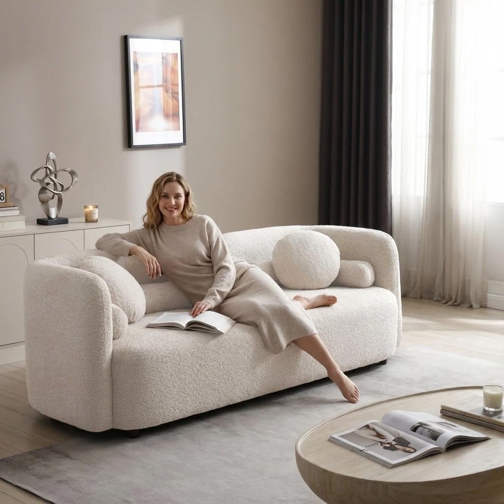 SSC SATISUNCASA White Sofa Couches Set of 3 Living Room Modern Integral Sofas Furniture 3 Seater Curved Back Sofa + 2 Single Chair Boucle Fabric Solid Wood Frame with 6 Pillows Rectangular Couch