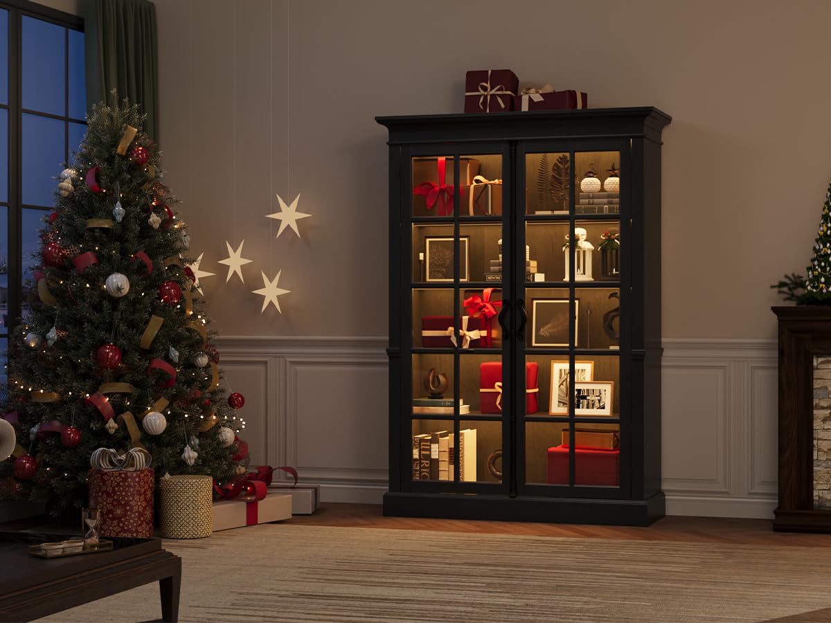 65" Farmhouse Display Cabinet with Glass Doors & Adjustable Shelves