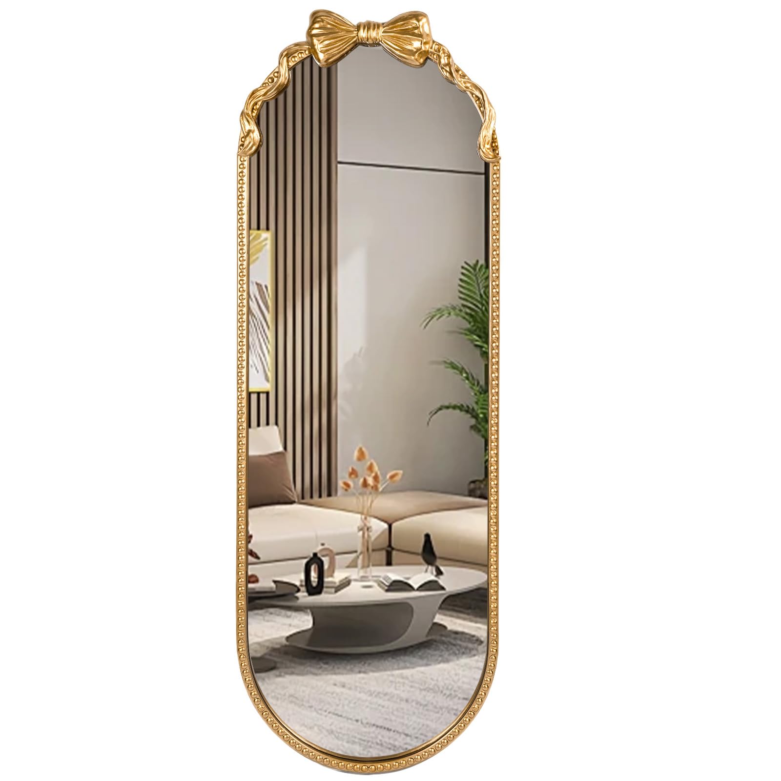 Fobule Oval Full Length Mirror, 16"x47" Gold Bow Metal Beaded Frame Large Hanging Dressing Floor Mirror for Bedroom, Living Room, Entryway