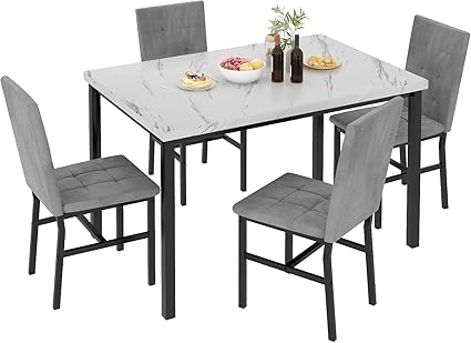 5-Piece Marble Dining Table Set with 4 Upholstered Chairs