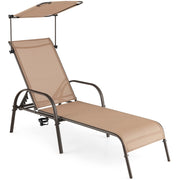 GIANTEX Patio Chaise Lounge Chair, Outdoor Beach Chair with Adjustable Canopy, Cupholder, 5-Level Backrest, Metal Frame, Sunbathing Lounger for Tanning, Outside, Poolside, Yard, Lawn, Brown