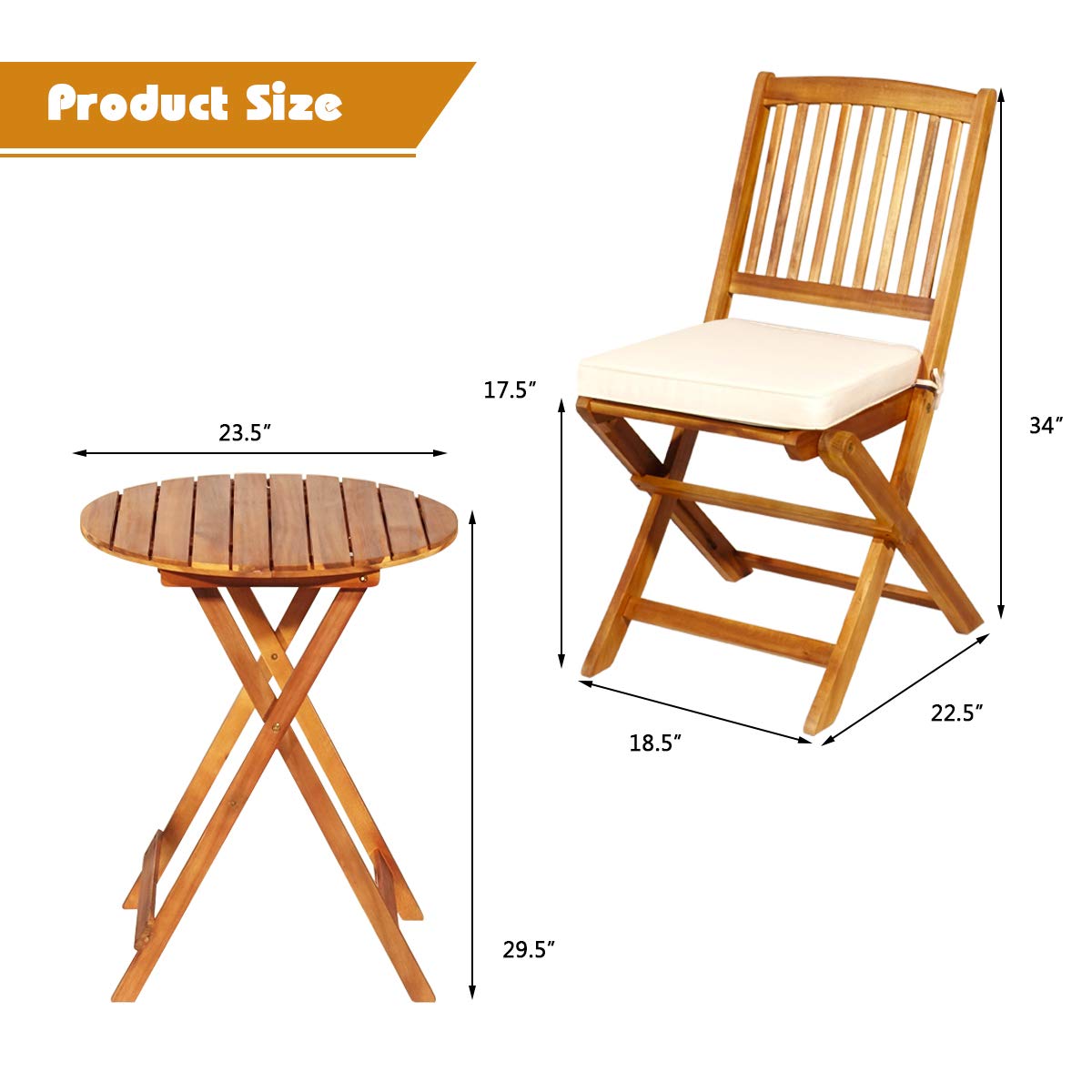 ORALNER 3-Piece Acacia Wood Folding Patio Bistro Set, Small Outdoor Balcony Furniture, Round Coffee Table and 2 Chairs with Soft Cushions, Teak Table Set for Porch, Backyard, Deck (Cream White)
