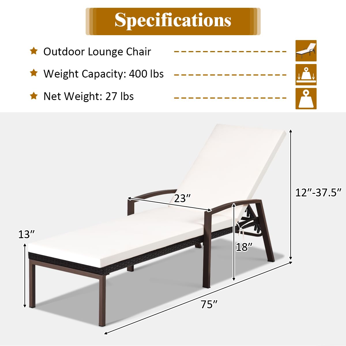 COSTWAY Rattan Lounge Chair Outdoor, Patio Wicker Chaise Lounge (White)