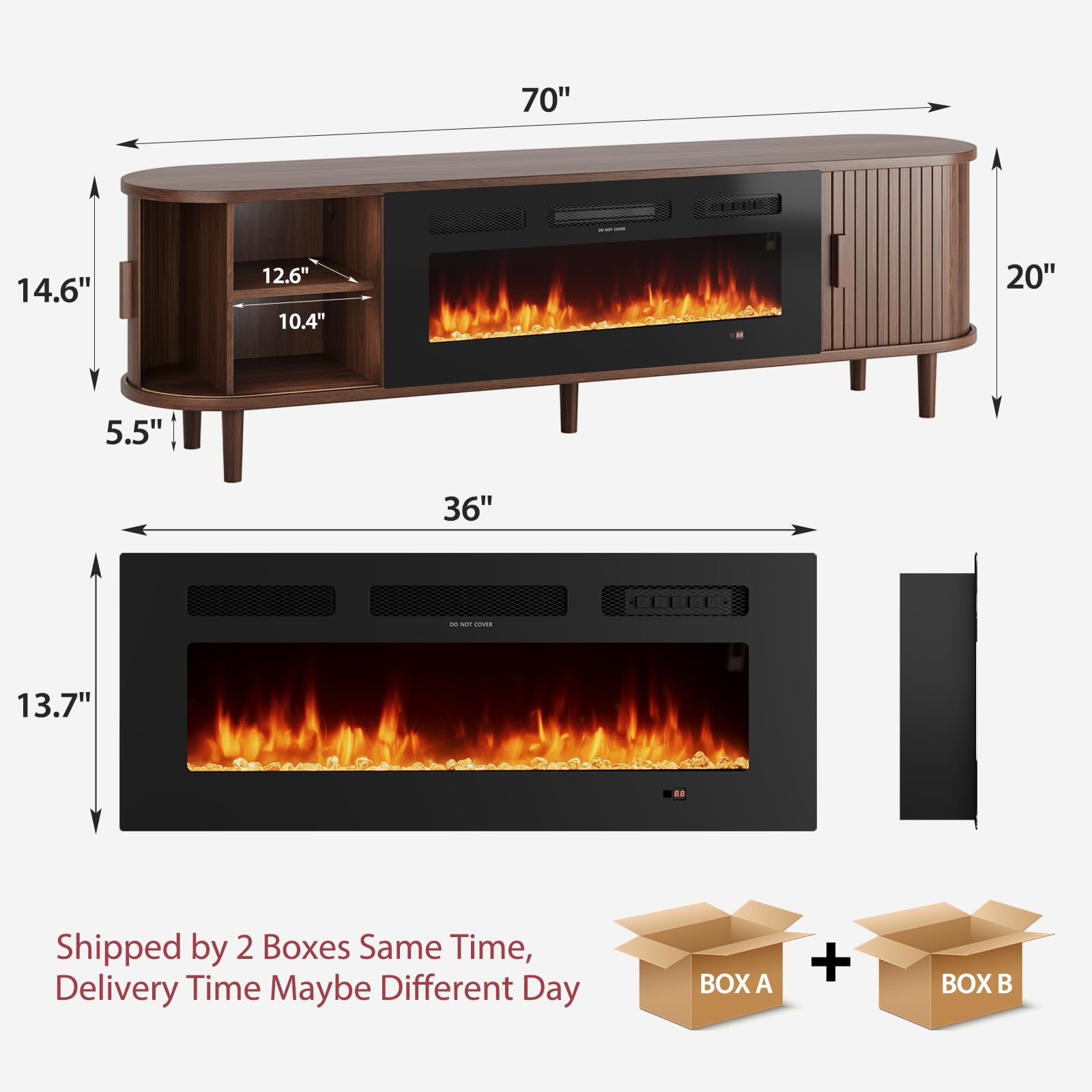 70" Fluted Fireplace TV Stand with Sliding Doors & Solid Wood Legs