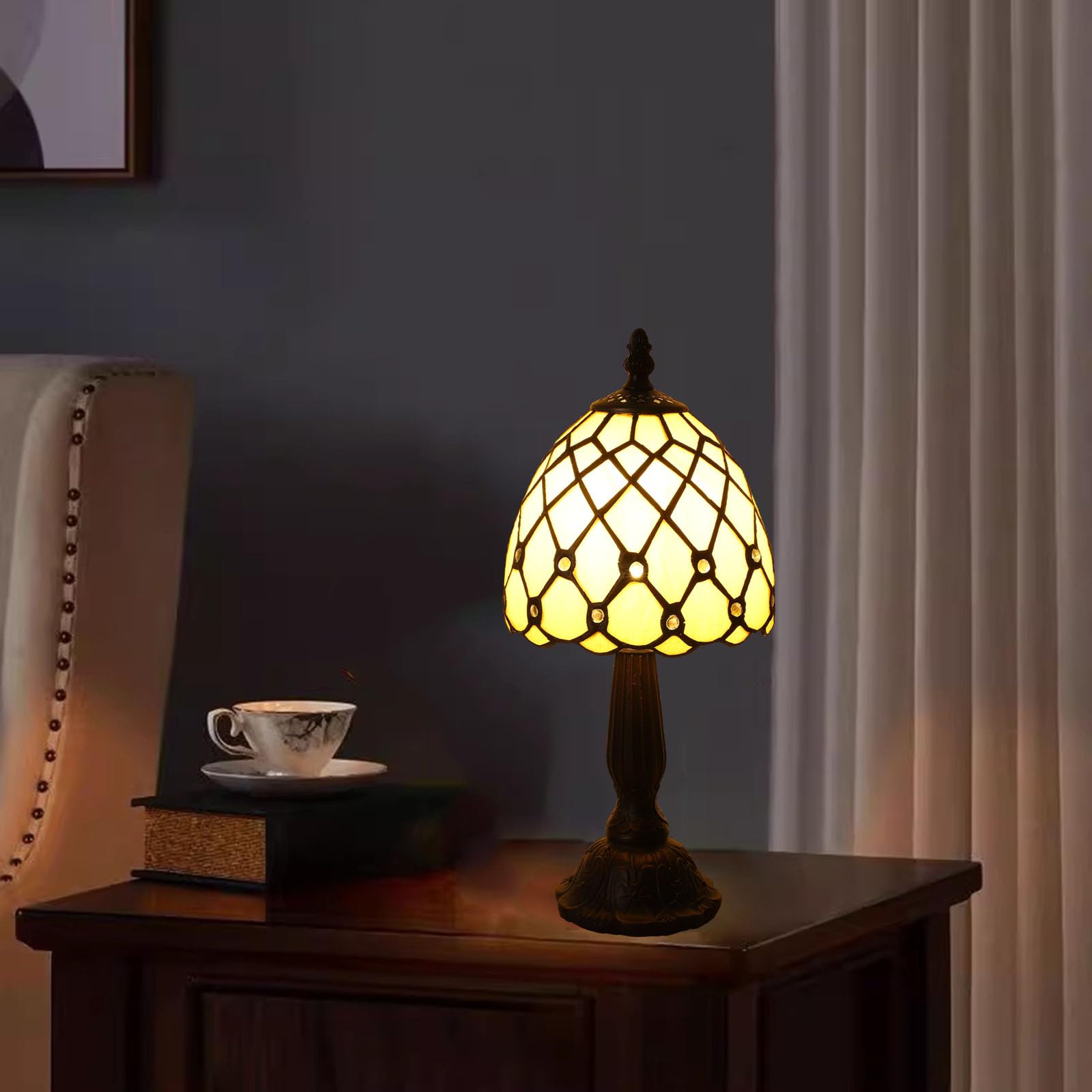 KALOUFUL Small Tiffany Style Table Lamp,3 Color Temperature Beads Light Gold Stained Glass Table Lamps for Living Dining Room,Bedroom,Bedside Nightstand Night Light+LED E12 Bulb,6X6X13Inch