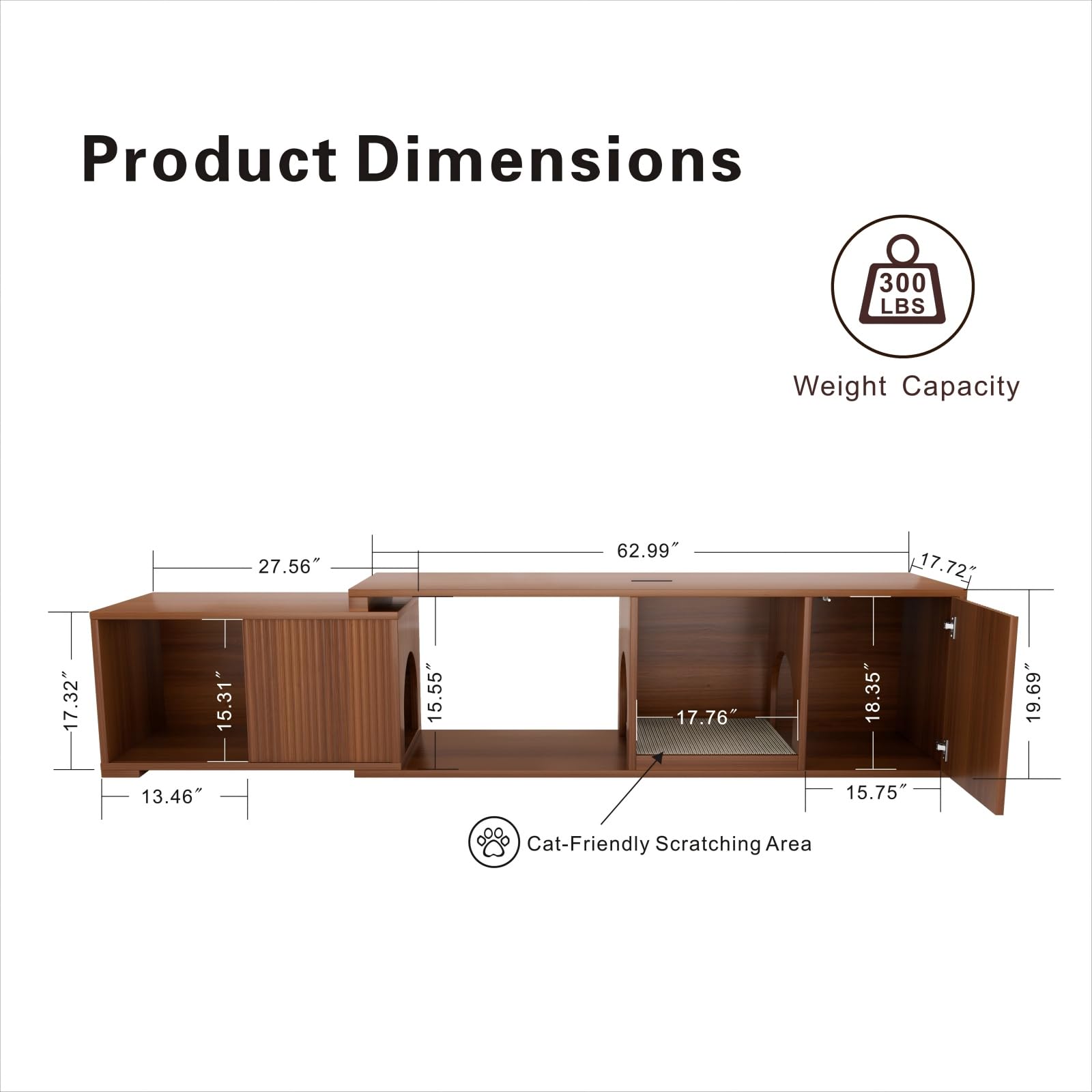 VELTENOVAIRE Extendable TV Stand with Cat House & Built-in Scratcher, Mid-Century Modern Wood Media Console for TVs up to 85+ Inches, Fluted Doors & Hidden Storage for Living Room, Walnut