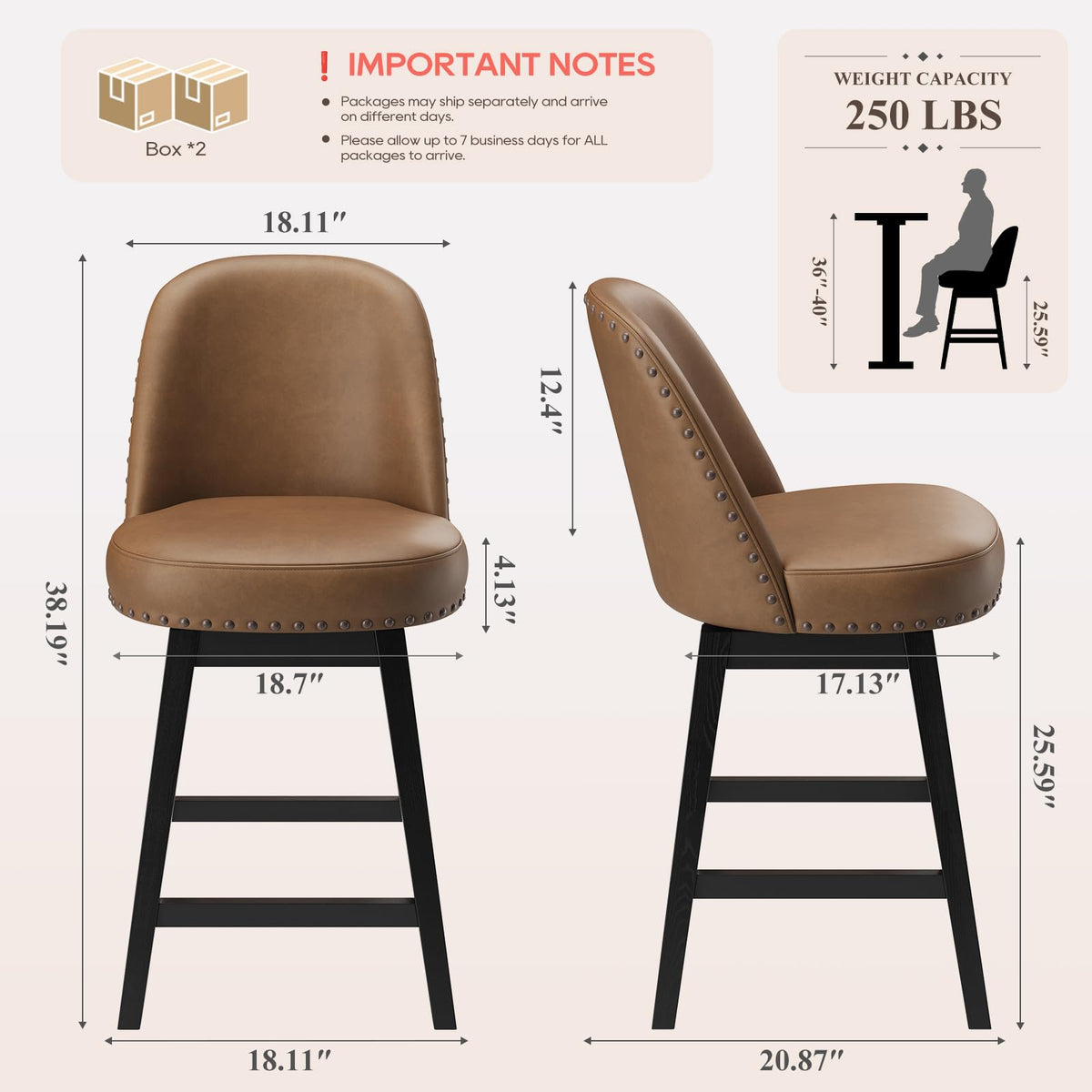 MALOL Swivel Counter Height Bar Stools Set of 4, Tall Faux Leather Barstools, Modern Bar Chairs with Solid Back and Wood Legs for Kitchen Island，Brown