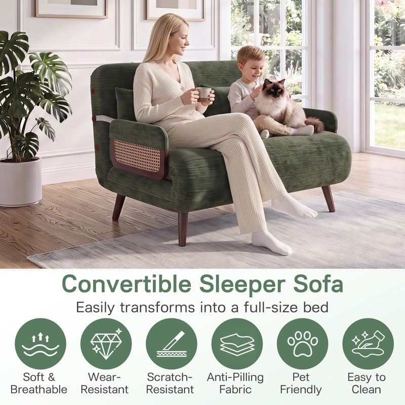 3 in 1 Convertible Sleeper Chair Bed, Folding Sofa Bed for Adults, Green