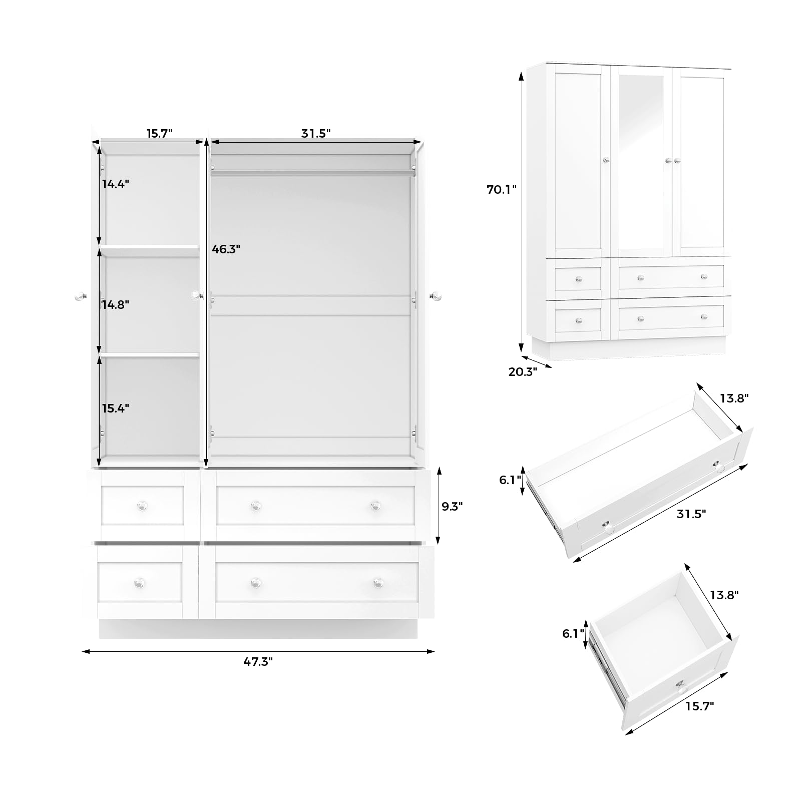 Wardrobe Closet with Mirror, LED Light & 4 Drawers