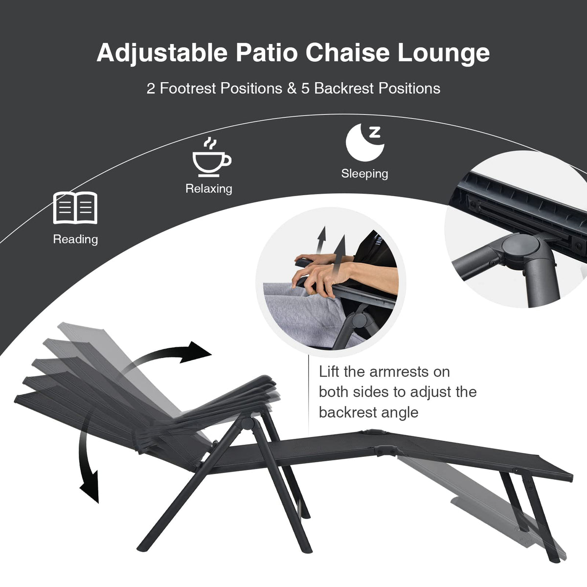 COSTWAY Folding Chaise Lounge, Lightweight & Breathable Fabric