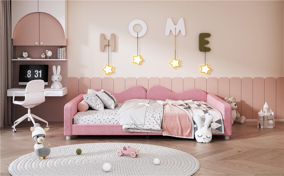 Harper & Bright Designs Full Size Upholstered Daybed, Sherpa Fabric Sofabed with Cloud-Shaped Backrest, No Box-Spring Needed, Pink