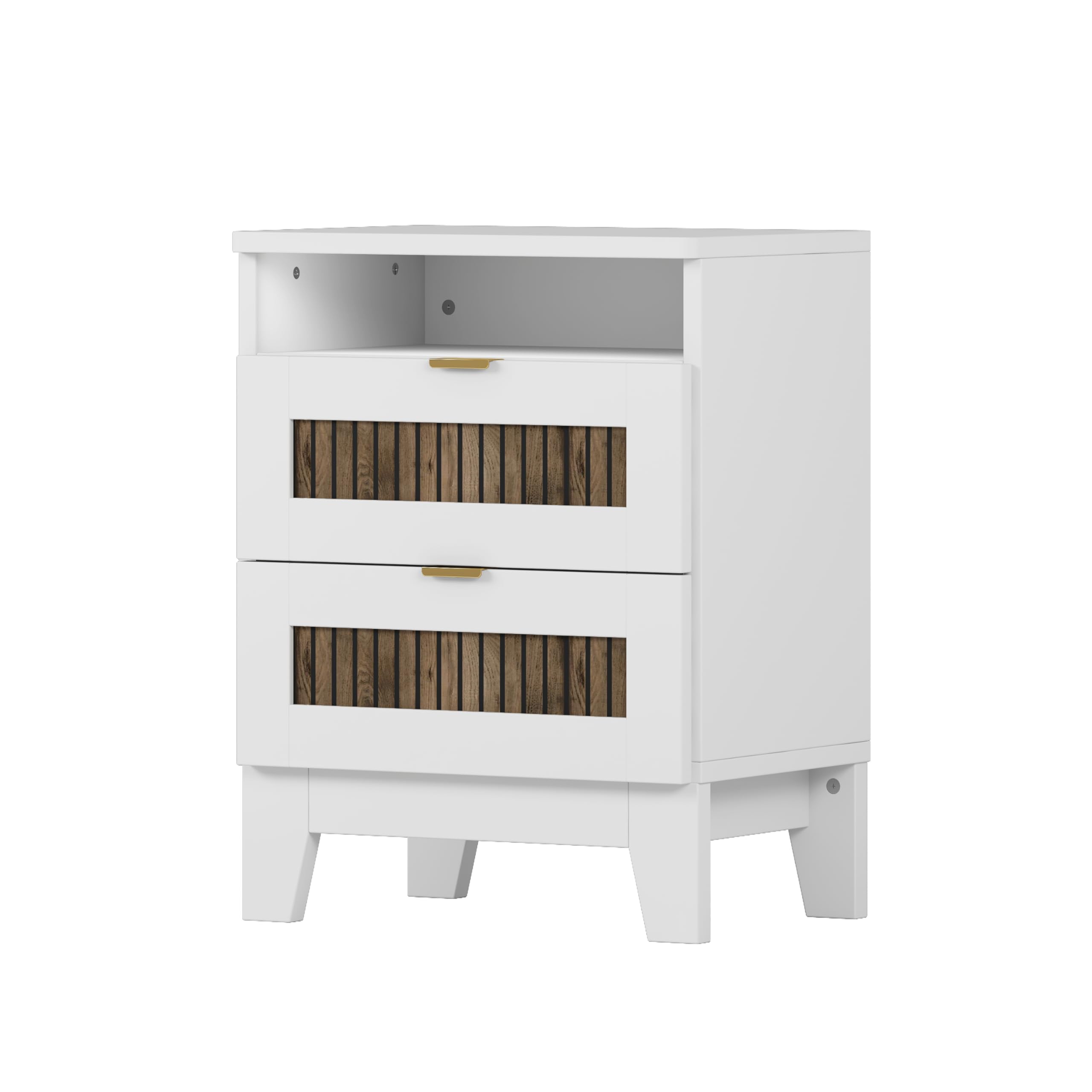 4-Pieces Queen Bedroom Sets with Wooden Strip Stickers Decoration,Wood Bed Frame with 2 Storage Nightstand 6-Drawer Dresser with Metal Handle,Farmhouse Bedroom Furniture Set,White