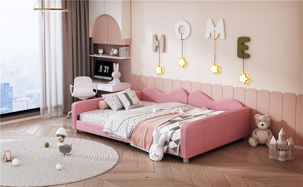 Harper & Bright Designs Full Size Upholstered Daybed, Sherpa Fabric Sofabed with Cloud-Shaped Backrest, No Box-Spring Needed, Pink