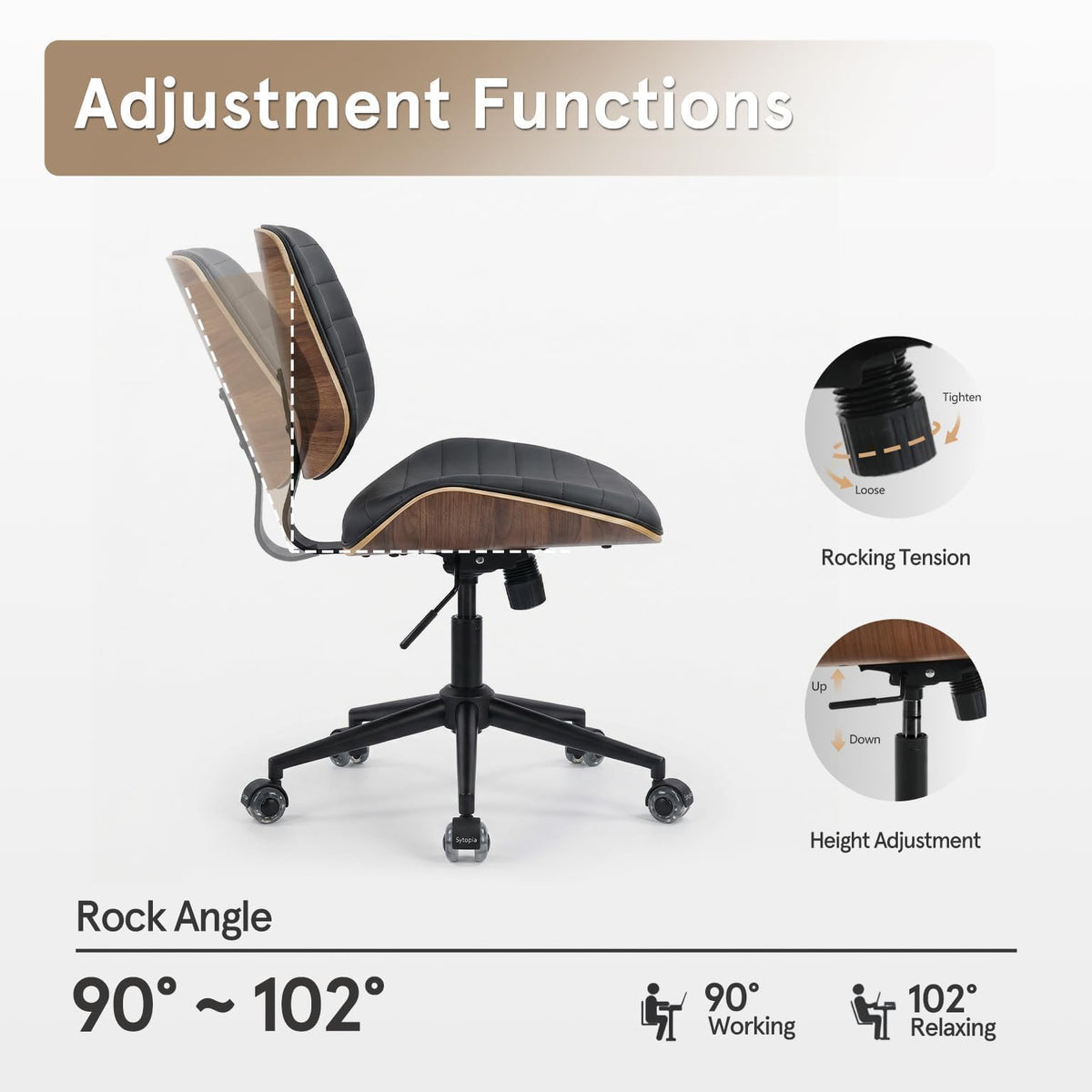 Sytopia Small Desk Chair for Home Office, Adjustable Height Swivel Armless Office Chair No Arms, Mid Century Modern Chair with Wheels, Walnut Wooden Sturdy, Easy Assembly, Vintage Black Leather