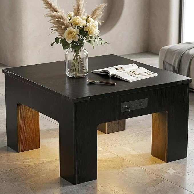 Square LED Coffee Table with Charging Station, Natural