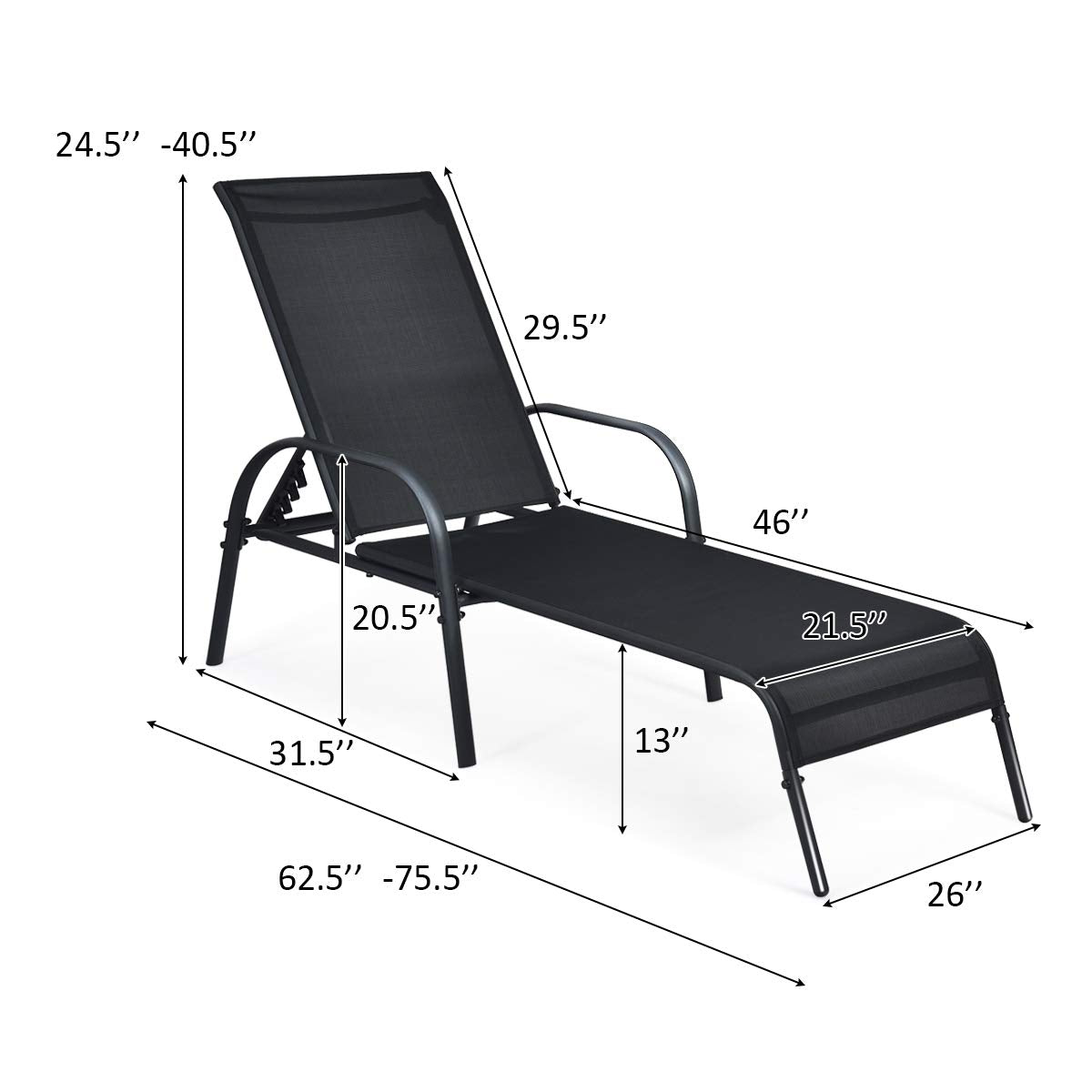 Giantex 2 Pcs Chaise Lounge Chair, Adjustable Reclining Lounge Chairs Patio Furniture, Backyard Lawn Sling Chaise w/Adjustable Back, Folding Recliners for Outdoor Beach Yard Pool (Black)