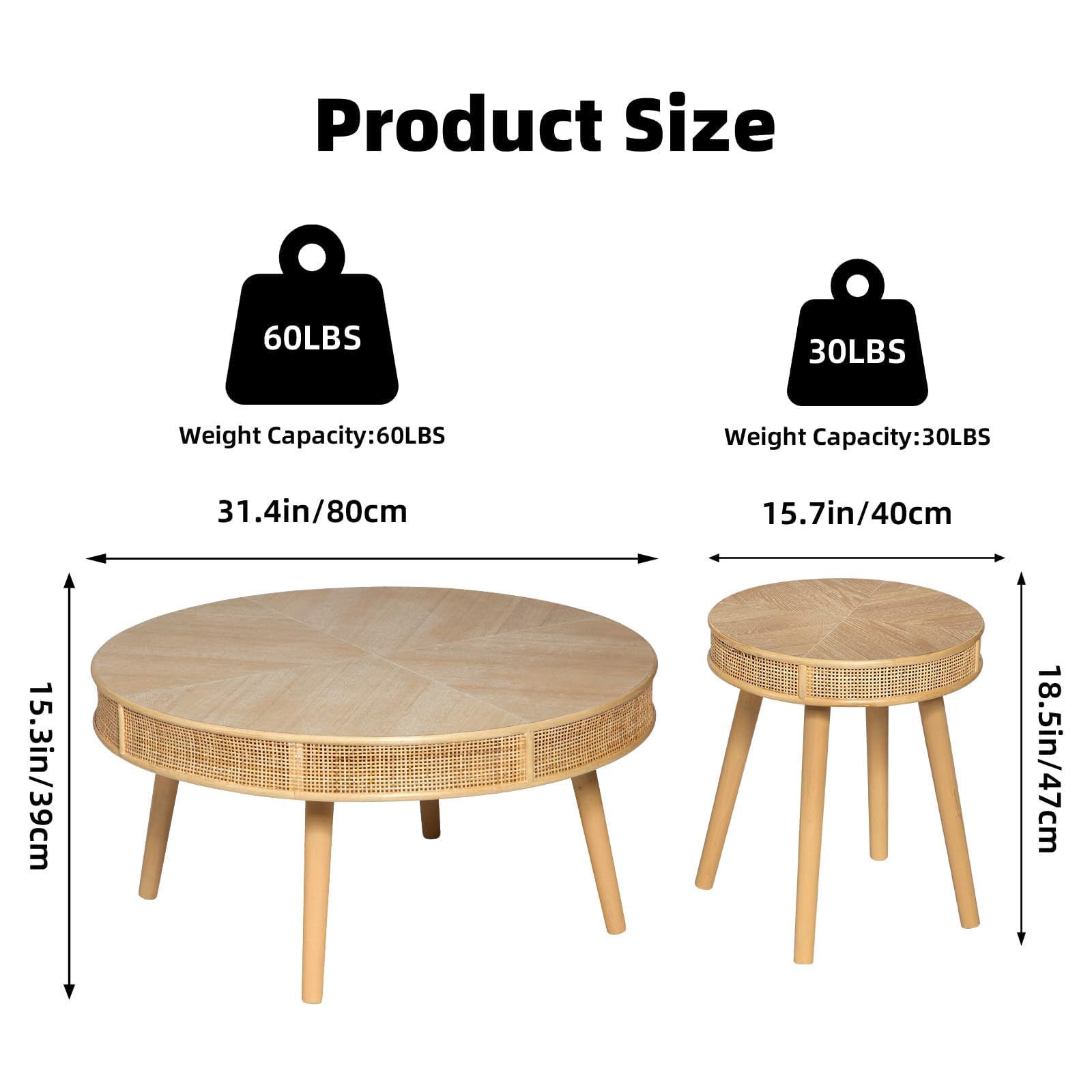 RUSTOWN 2-Piece Farmhouse Coffee Table, Modern Rustic Sofa Side Tea Tables, Solid Wood Finish with Crafted Rattan Side and End Table Sets for Living Room (Natural)