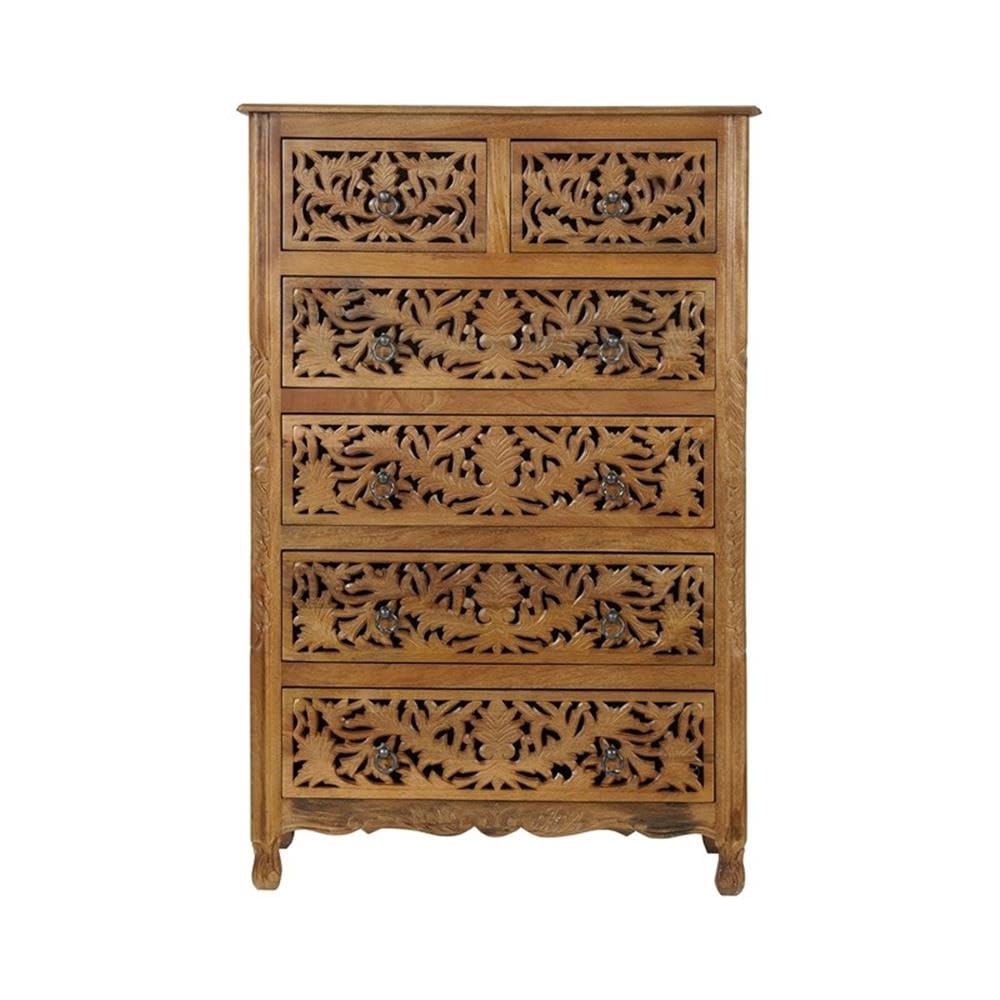 Pemberly Row Solid Mango Wood 6-Drawer Tall Chest, 54 Inch, Brown Finish, Floral Carved Accents, Space-Saving Vertical Design for Bedroom Storage, Fully Assembled
