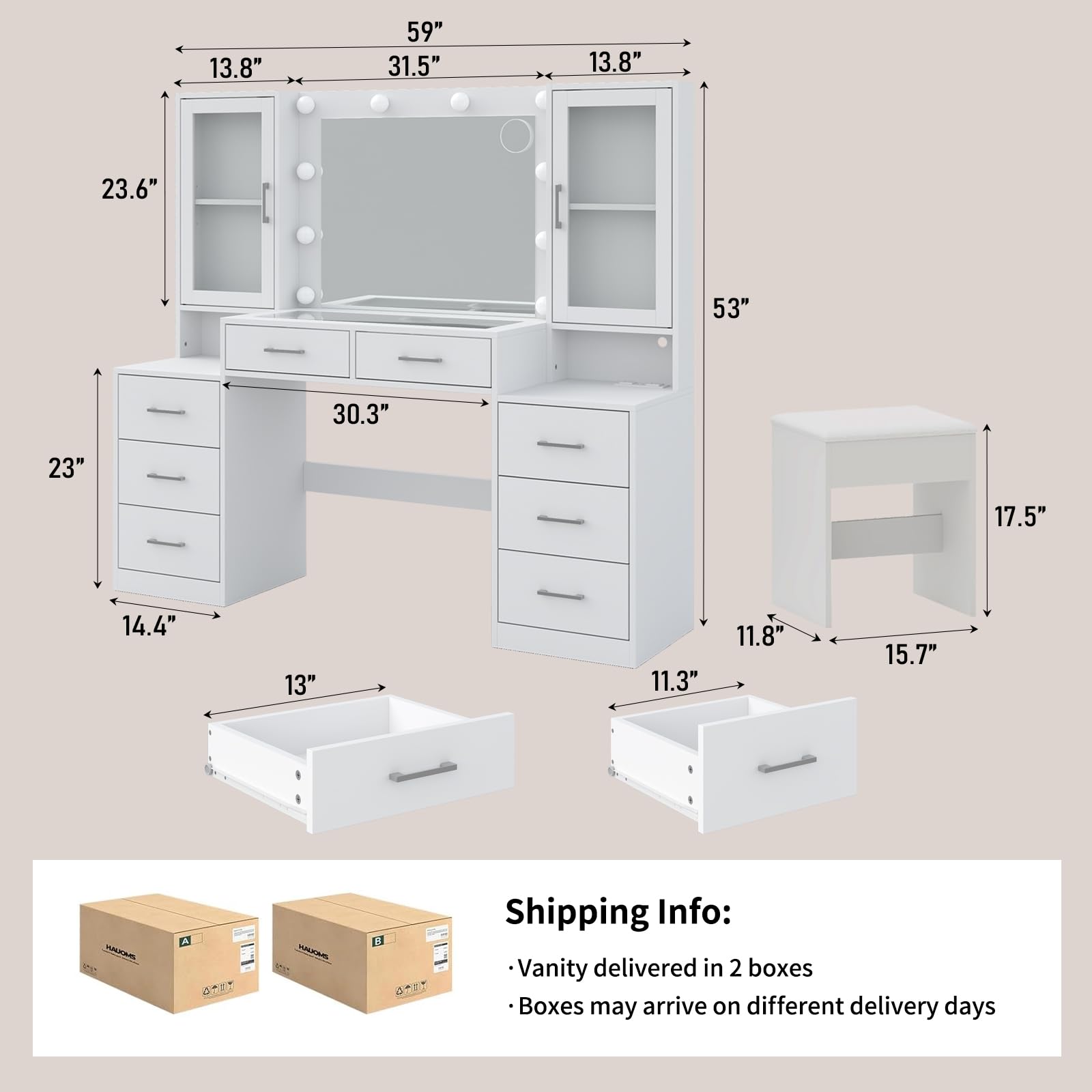 Yanosaku 59'' W Large Makeup Vanity Desk with Mirror and Lights, White Vanity with Power Outlet, 8 Drawers & 2 Cabinets, 3 Lighting Modes Brightness Adjustable, Glass Top Vanity with Chair for Bedroom