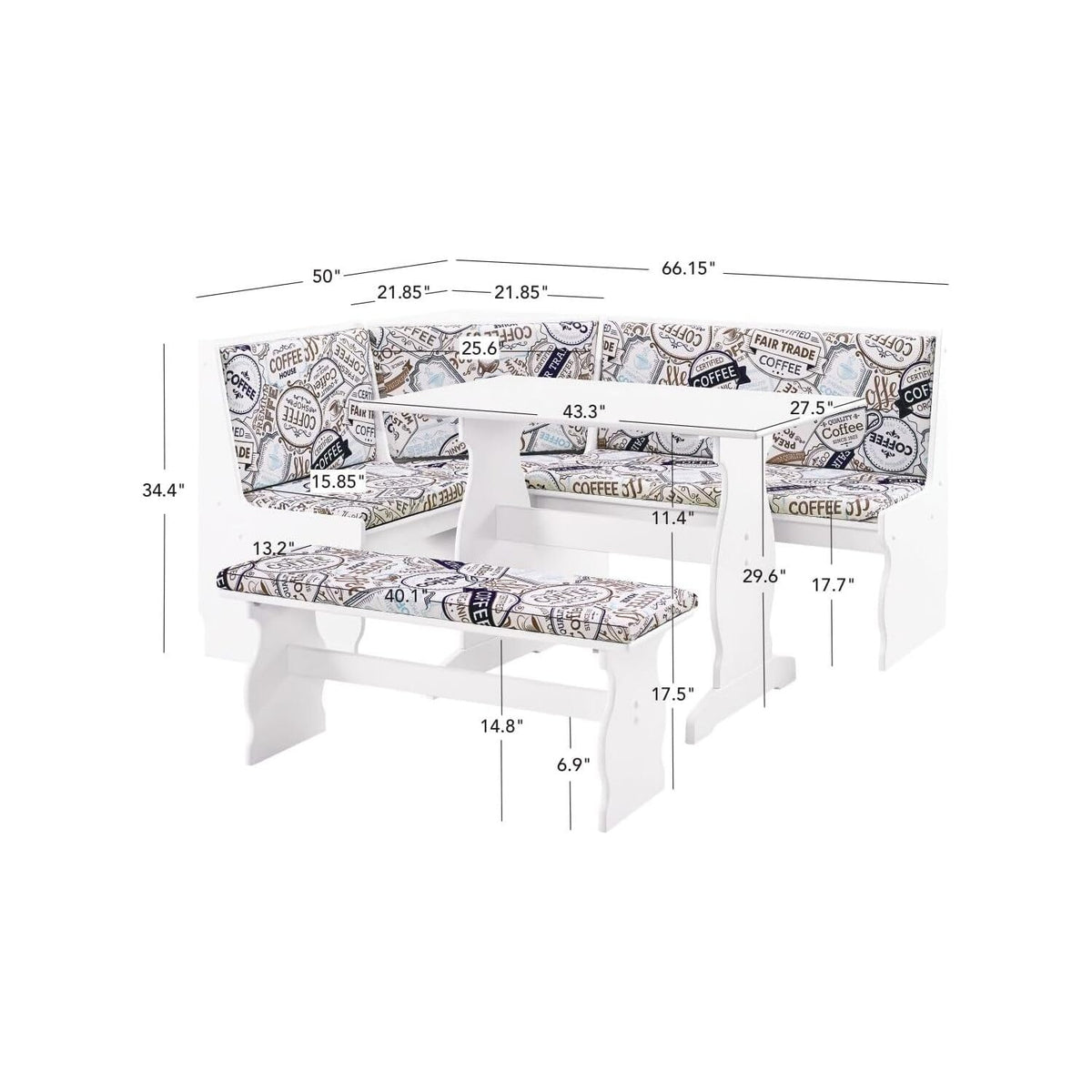 HomeStock Antique Coffee Nook 66.25x50.25x34.5 in - Modern Traditional White Finish Corner Kitchen Nook Table Set with Upholstered Fabric Seats, 48 lbs, Booth Dining Table Set