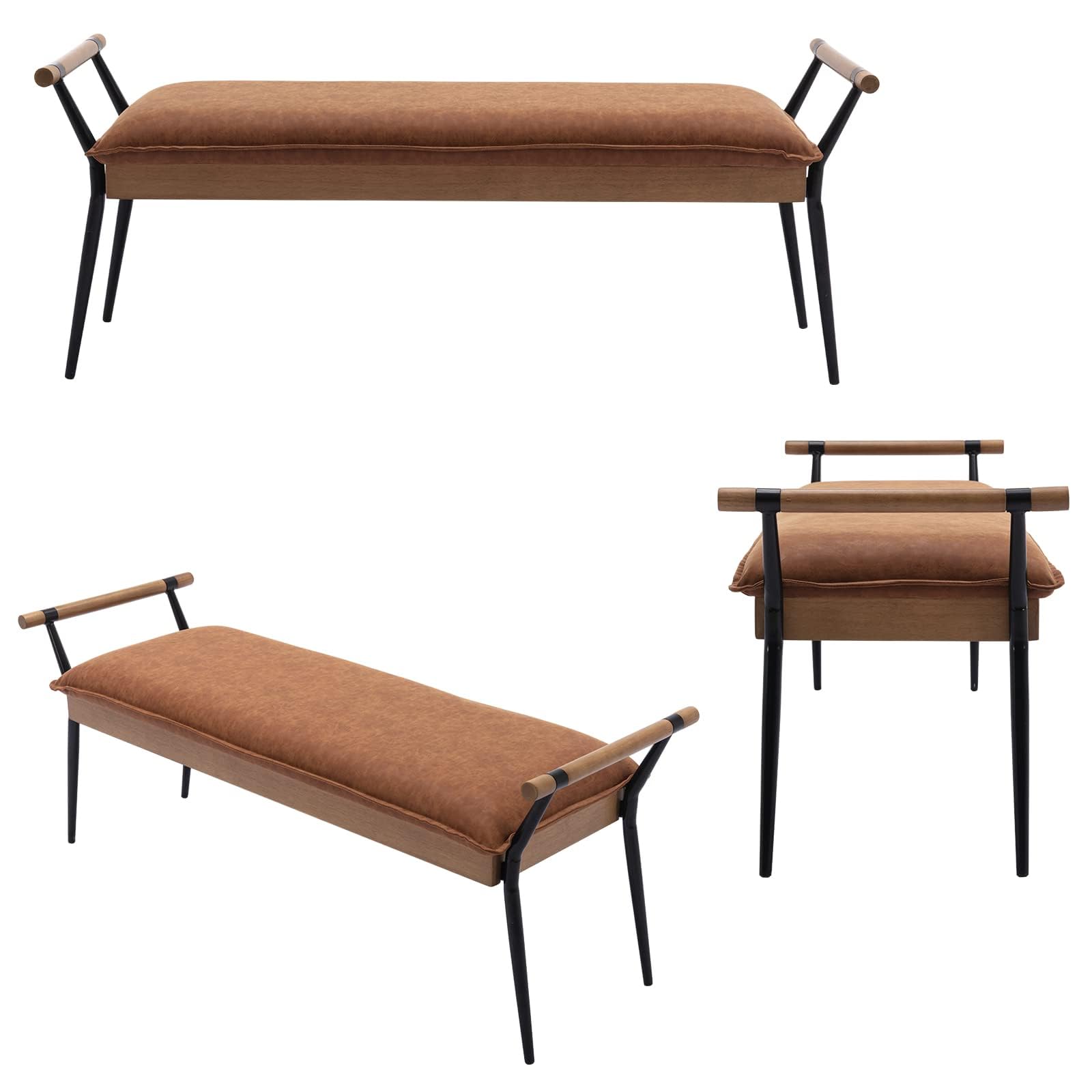 Upholstered Ottoman Bench with Arms & Metal Legs