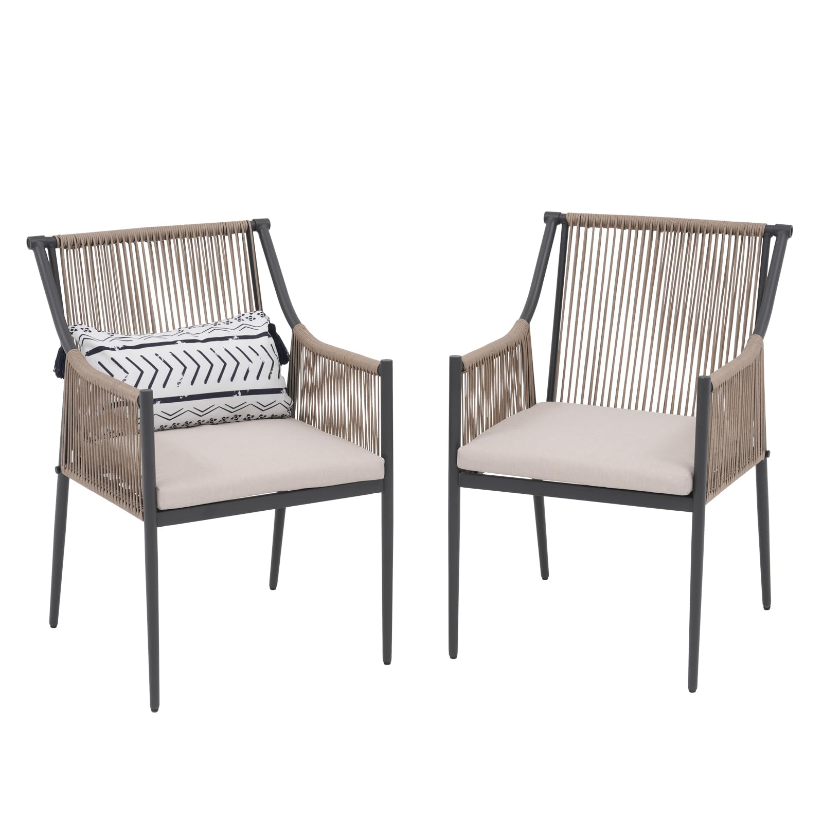 Patiorama Outdoor Dining Chairs Set of 2, Woven Rope Patio Dining Chairs, All-Weather Embossed Wicker Rattan Chairs, Outdoor Patio Chairs with Cushion & Integrated Armrest for Backyard, Light Beige