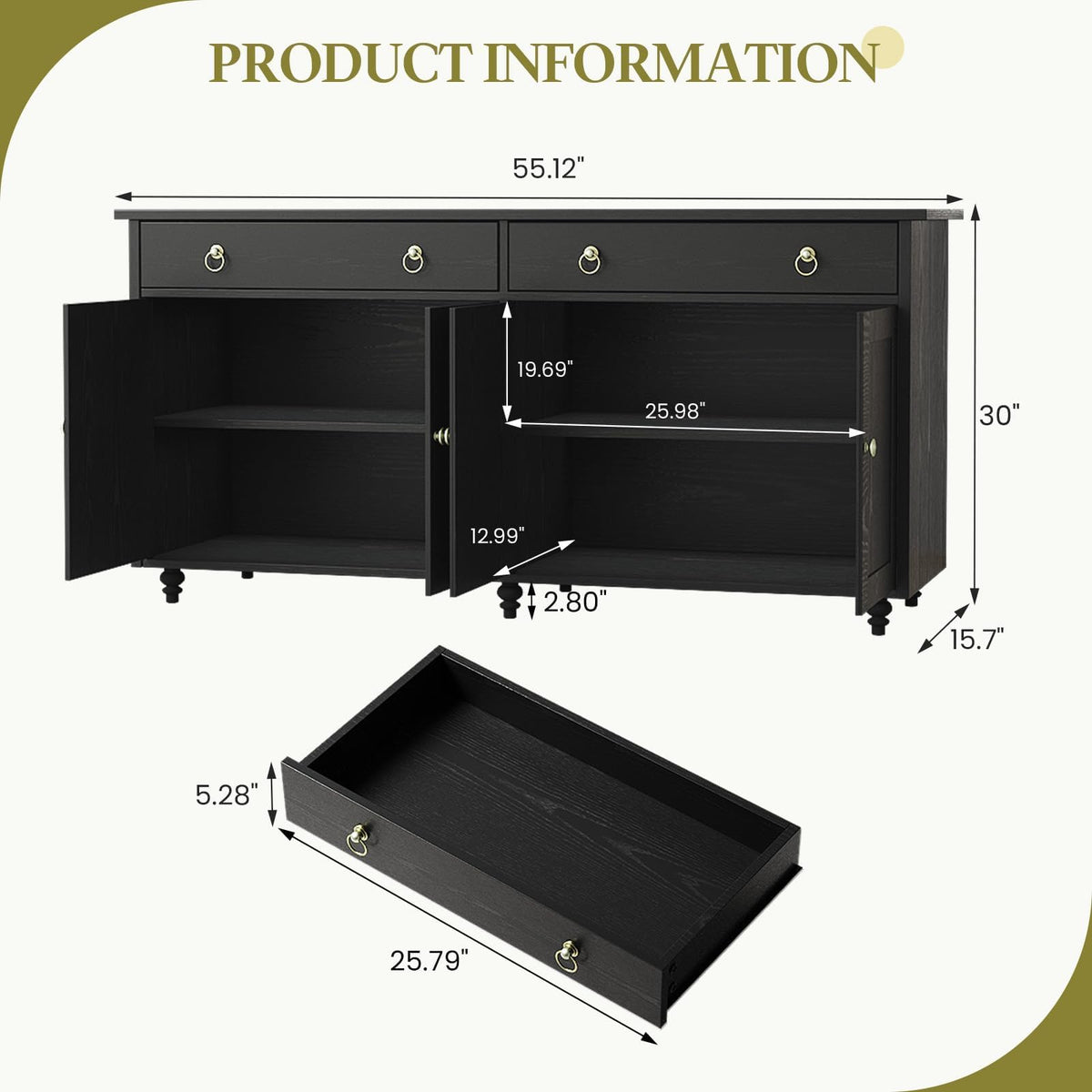 4 EVER WINNER 55" W Black Buffet Cabinet, Coffee Bar Cabinet with 2 Drawers