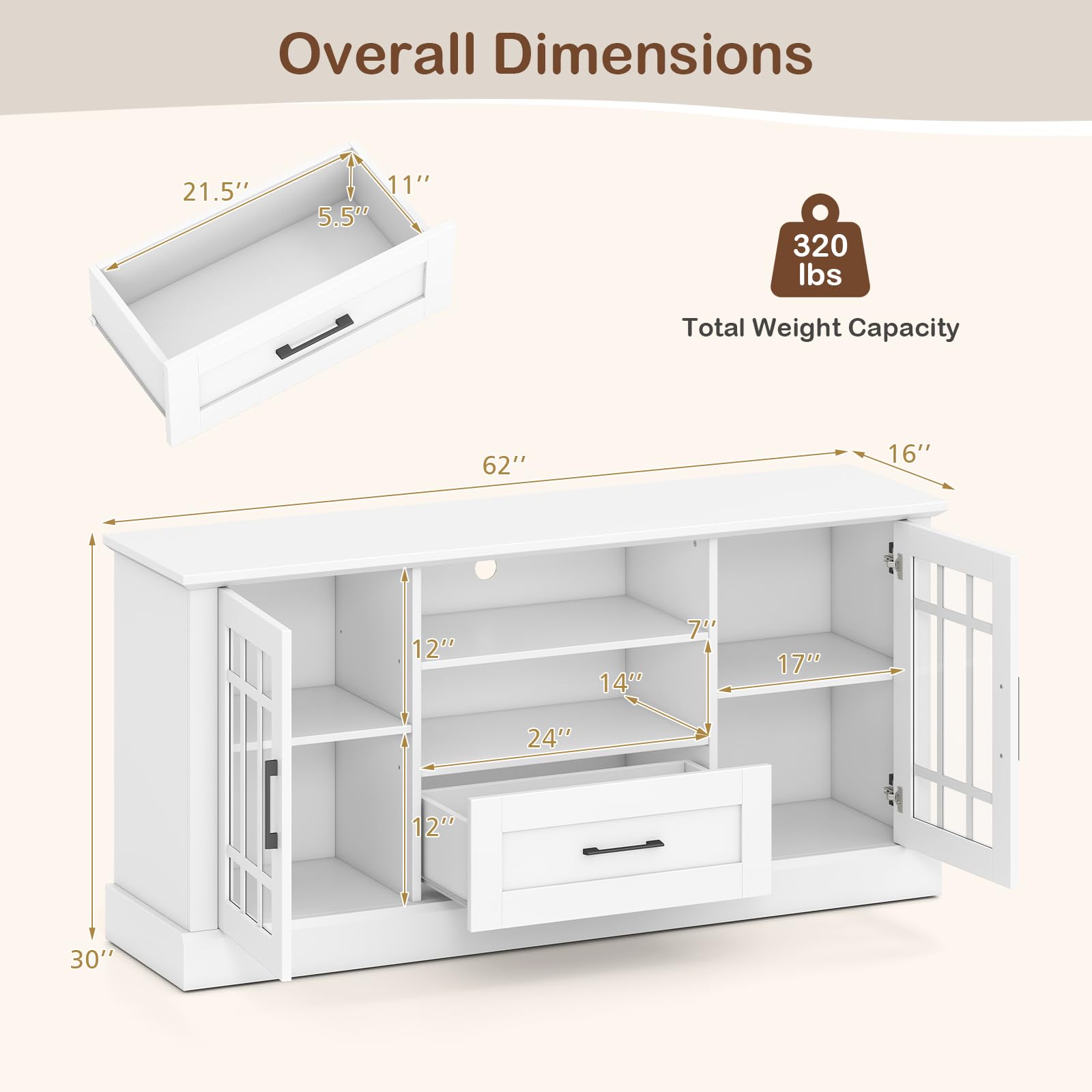 Farmhouse TV Stand with Glass Cabinets & Drawer