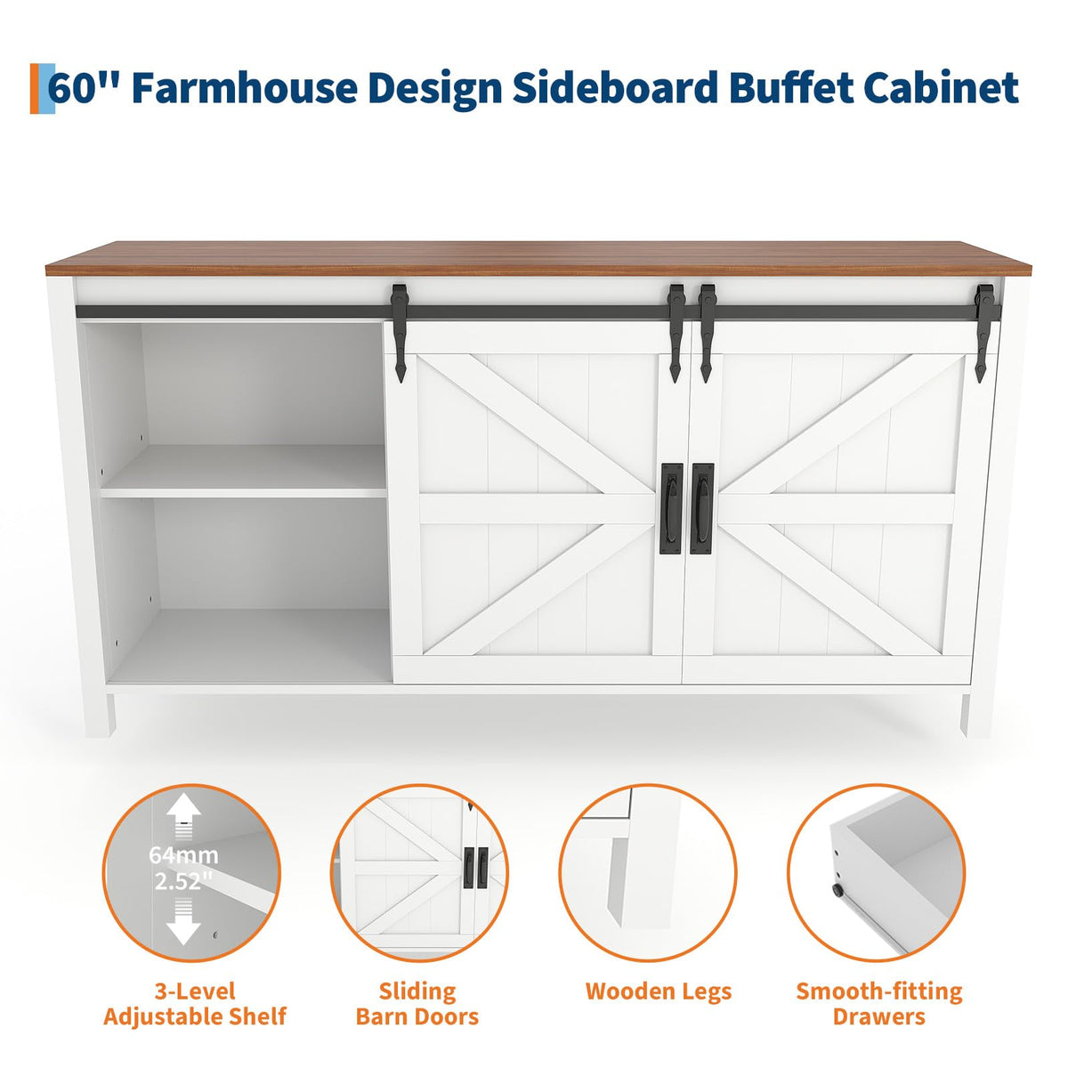 IDEALHOUSE 60" Farmhouse Sideboard Buffet with Storage Drawer & Sliding Barn Doors | Rustic Wood Coffee Bar Cabinet | Multi-Functional for Dining Room Kitchen, As TV Stand, Console Table