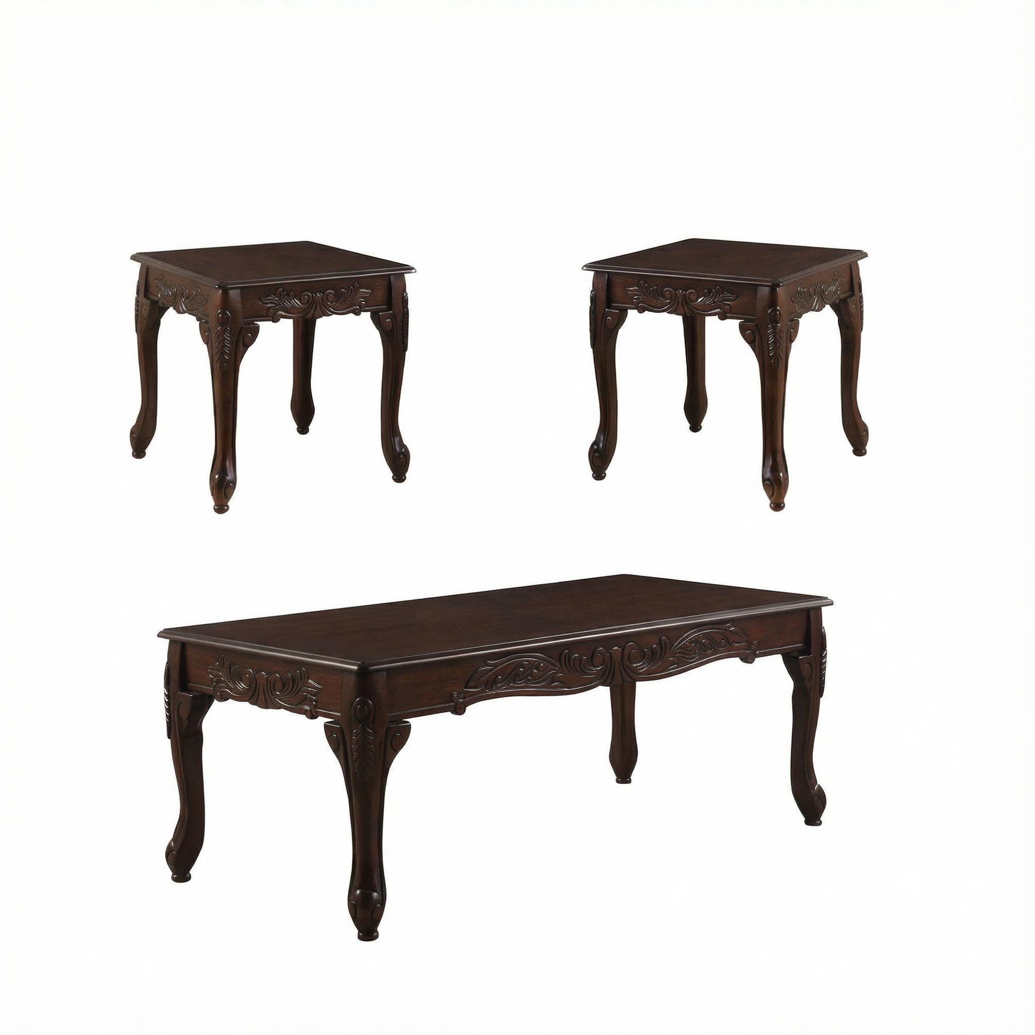 Furnifact Dark Cherry 3-Pc Wood Coffee and End Table Set with Stylish Finish, Durable Construction for Living Room, Compact and Functional Furniture Design