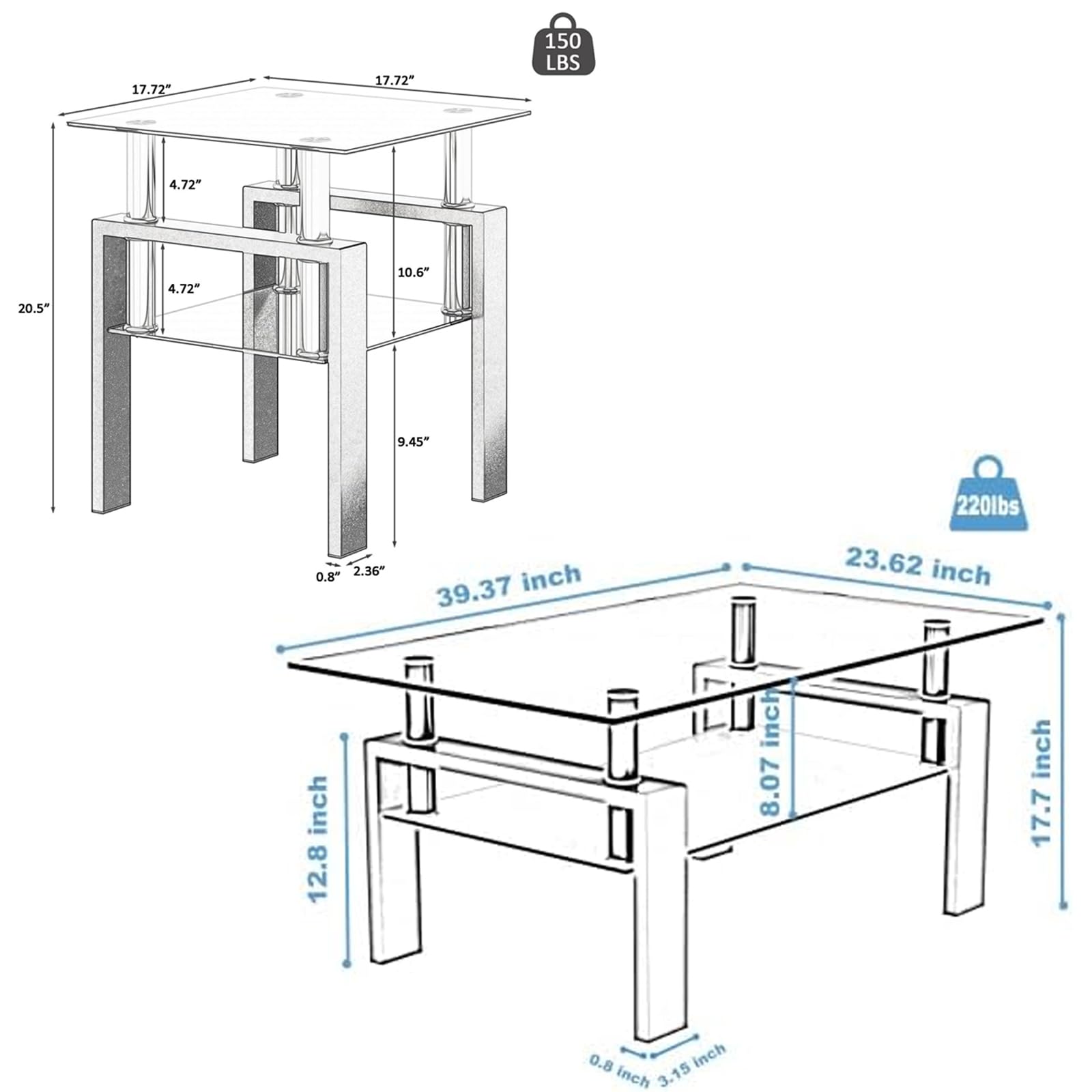 3-Piece Glass Coffee Table & End Tables Set