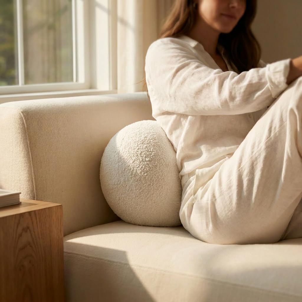 COZELA Orb Bouclé Sphere Pillow, 12 Inch Ergonomic Back & Arm Support, 600 GSM Textured Décor Throw Pillow with Hidden Pocket, White