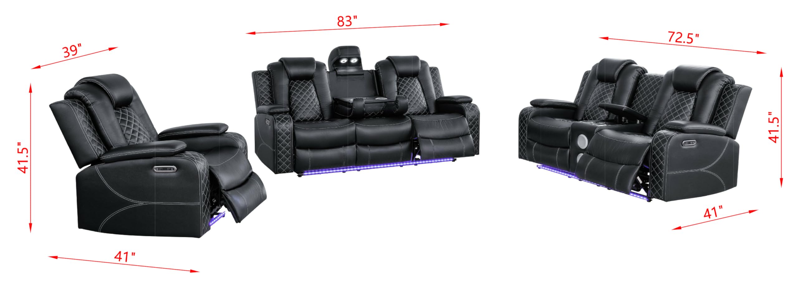 3-Piece Power Recliner Sofa Set with LED & Bluetooth
