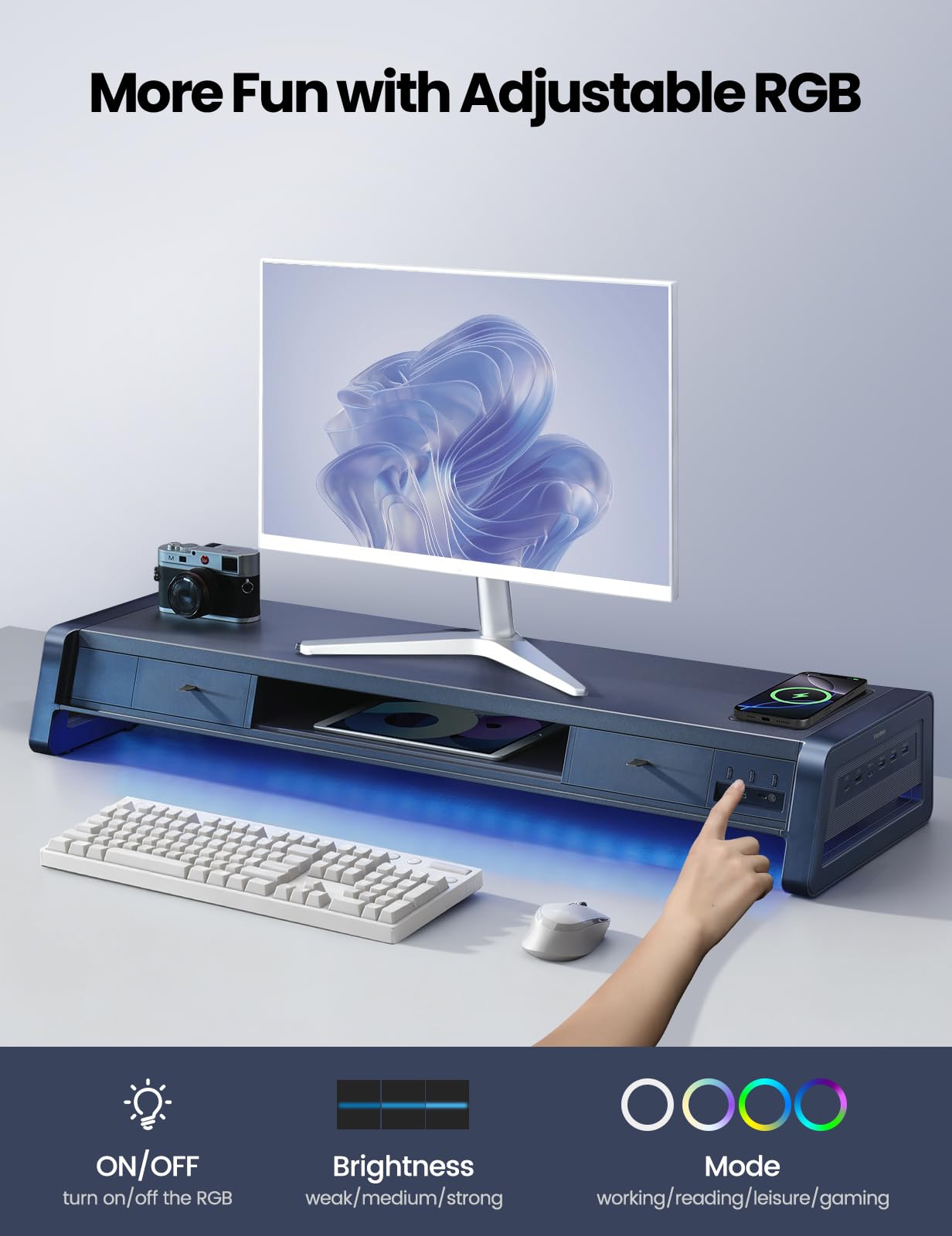 Dual Monitor Stand Riser with Drawers, USB Ports & Wireless Charging