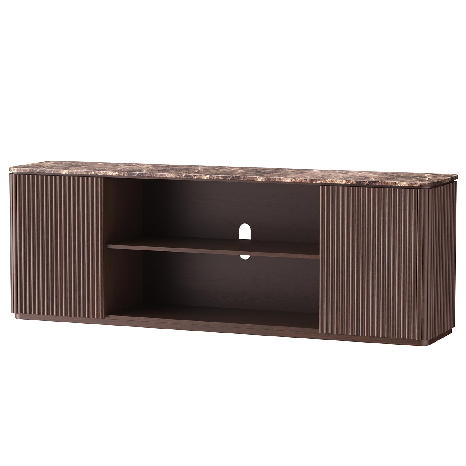 70" TV Stand, Modern Entertainment Center for TVs Up to 80", Fluted TV Console with Storage, Adjustable Shelves, Faux Marble Top, Curved Profile Design, Wood Media Console for Living Room, Brown Oak